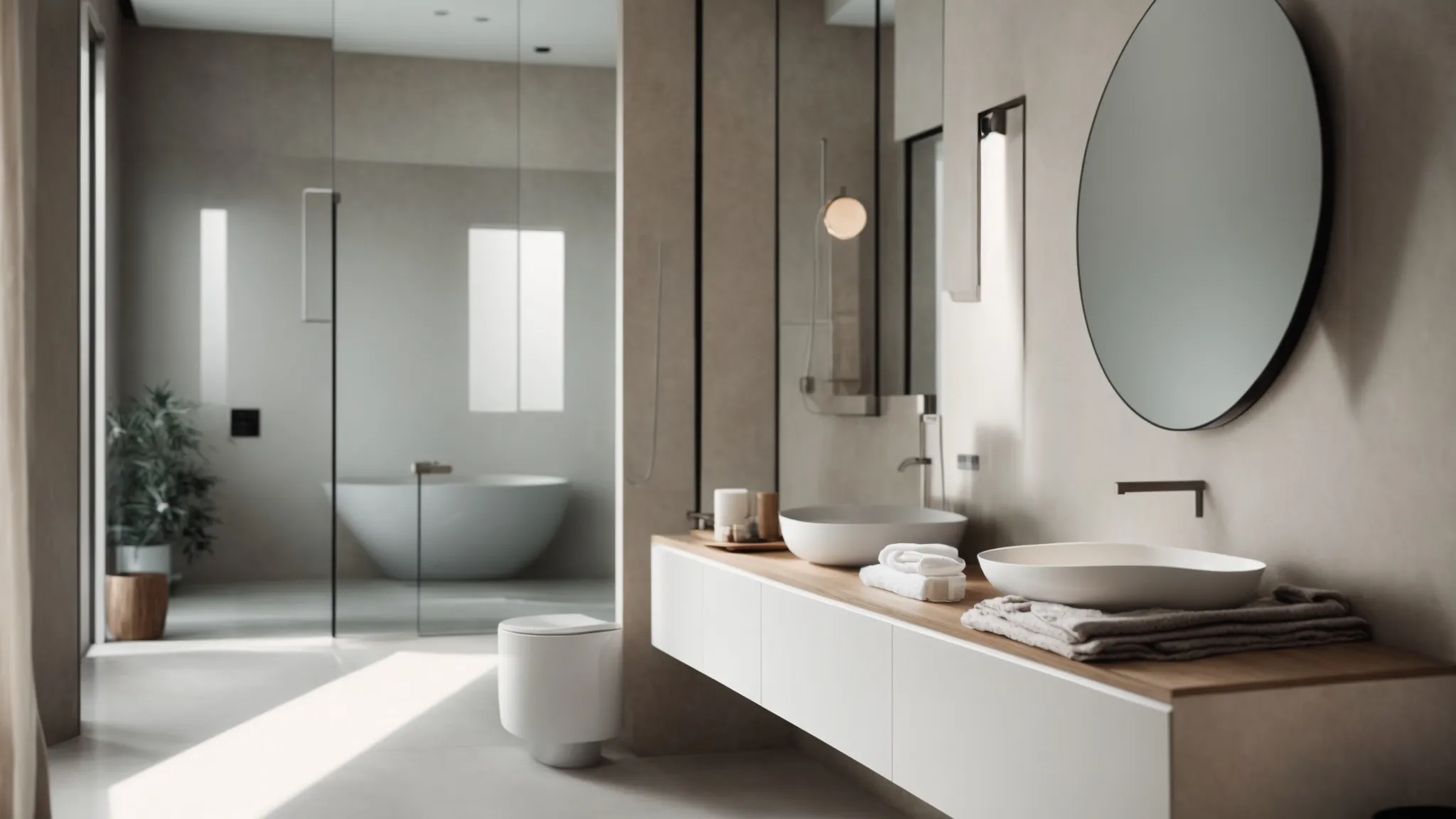 a modern minimalist bathroom with gleaming surfaces and streamlined fixtures stands ready to offer a serene retreat.