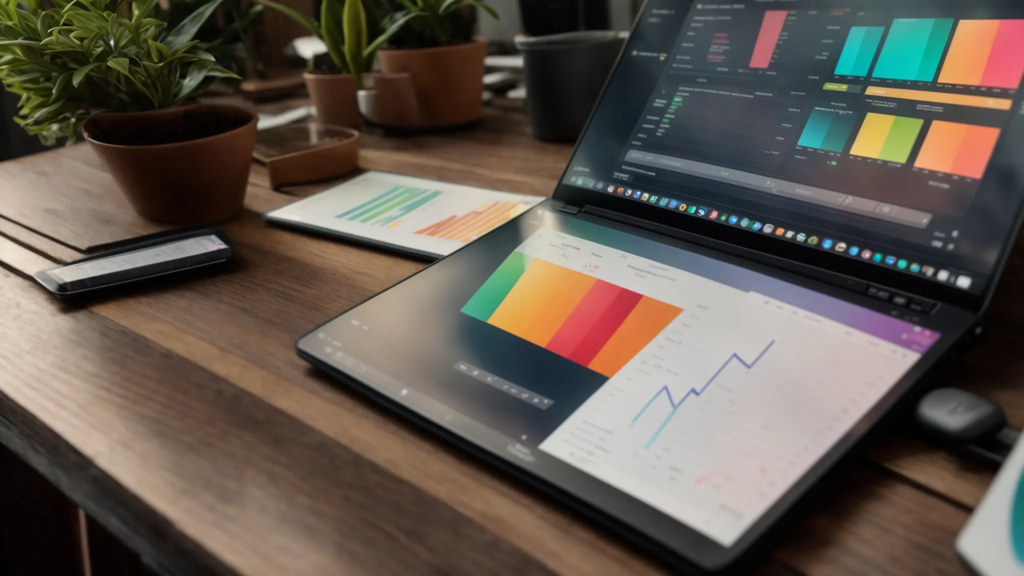 a laptop open on a wooden desk with the screen displaying colorful graphs and charts next to a small potted plant.