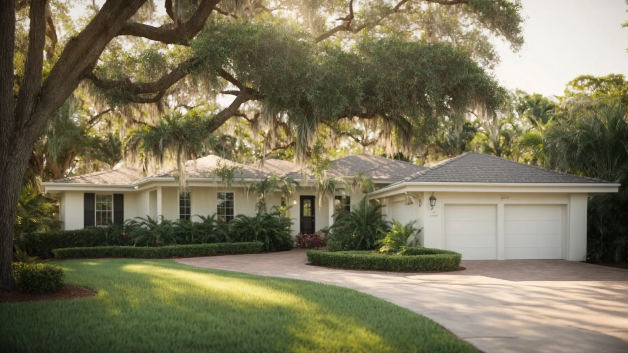 a sparkling clean house with a visibly refreshed driveway and vibrant surrounding greenery under a bright tampa sky.