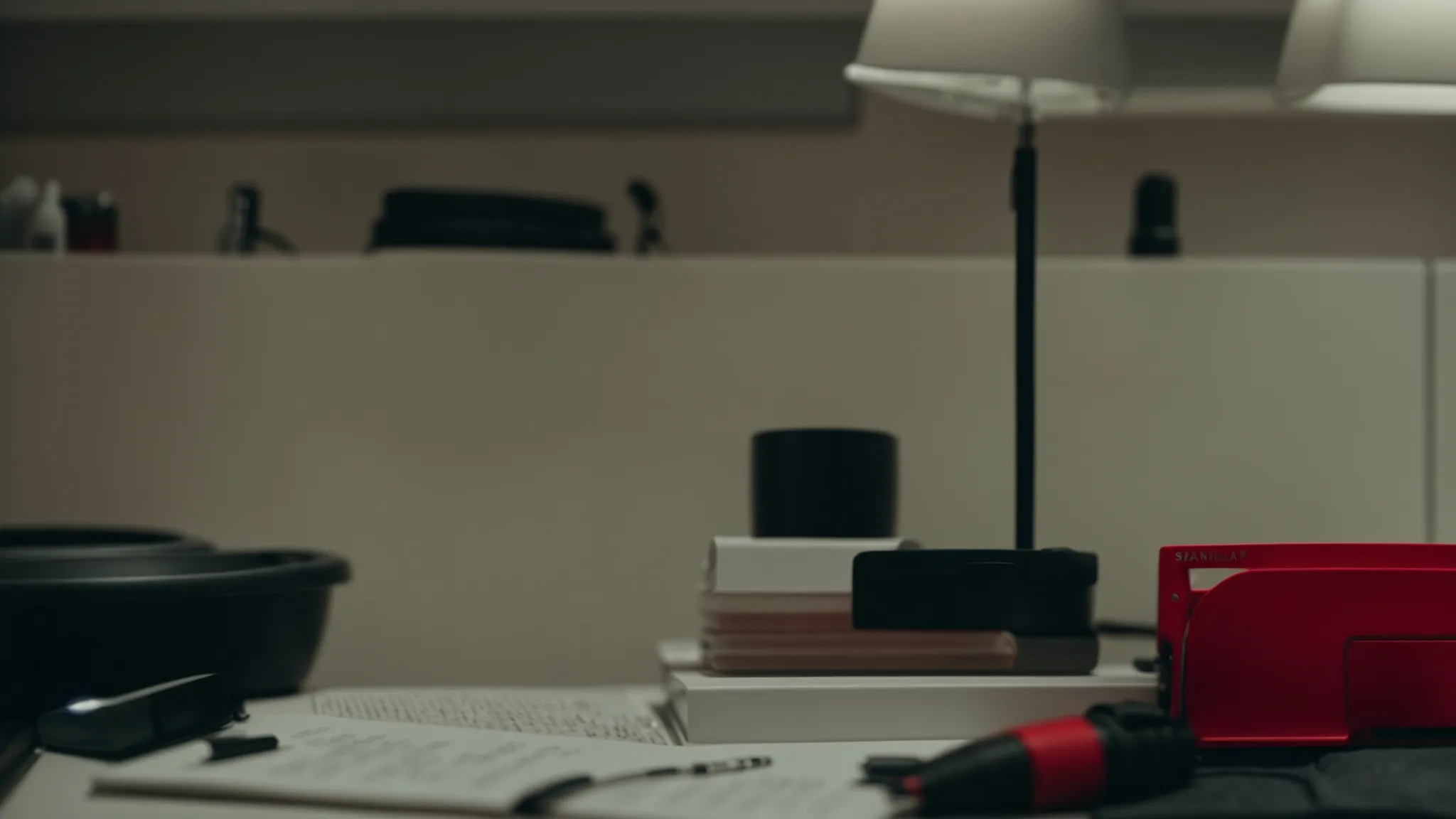 a red light therapy head cap rests on a salon workstation next to a schedule planner and a pen.