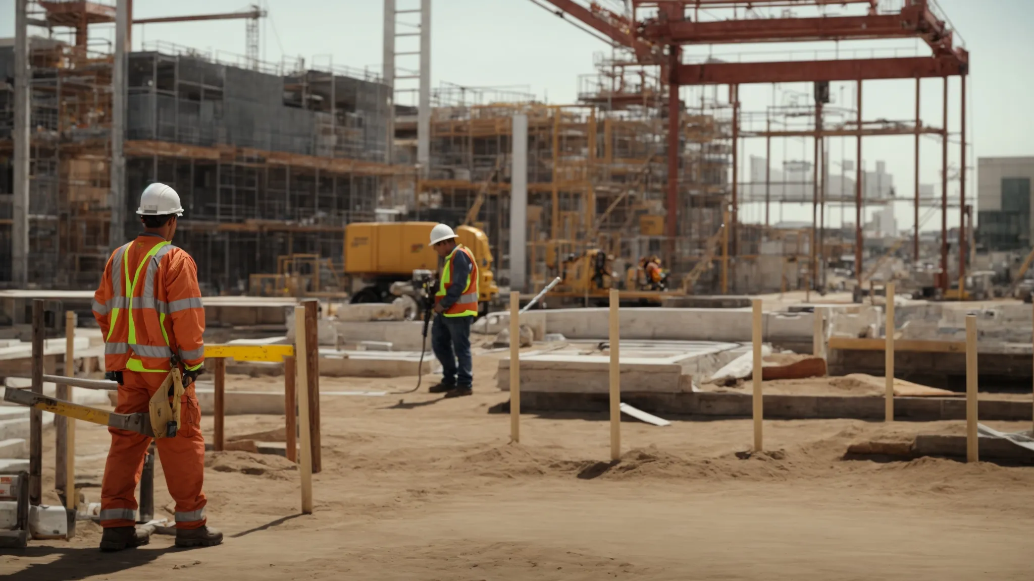 Create an image of a construction site in San Diego, with workers wearing various safety gear and signage displaying complex safety regulations. Show a worker facing compliance challenges.