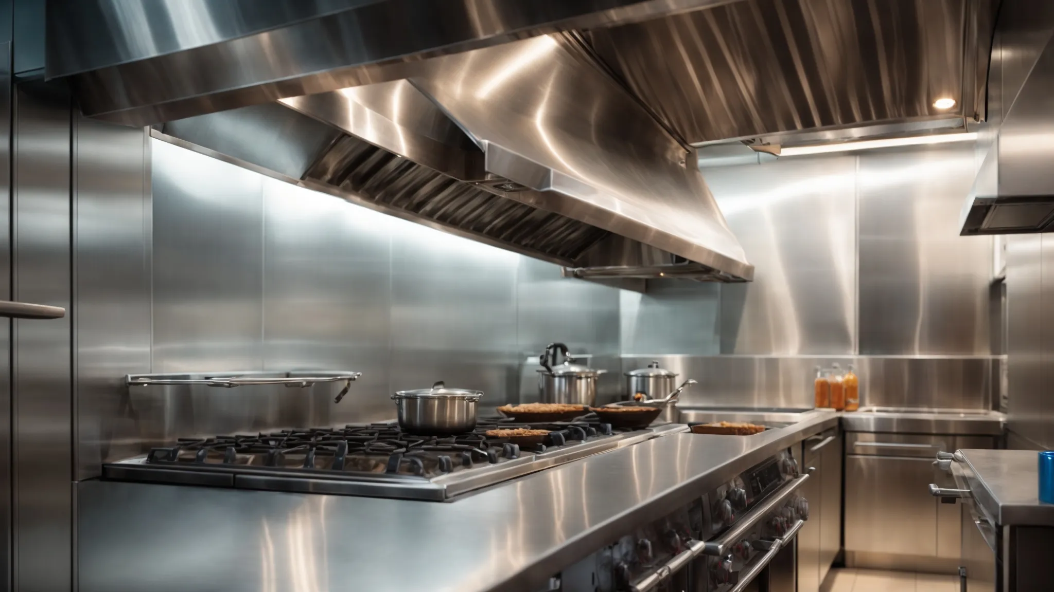 a professional kitchen gleams under bright lights, showcasing a shining, clean exhaust hood above a pristine cooking range.