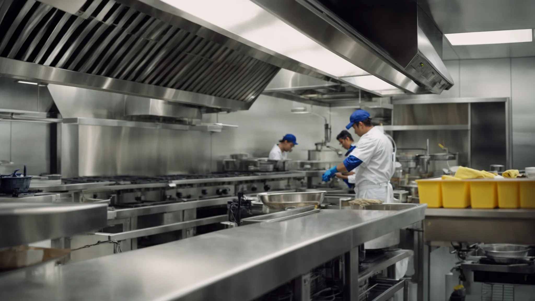 a professional cleaning team efficiently works in a commercial kitchen, focusing on the exhaust and hood systems.