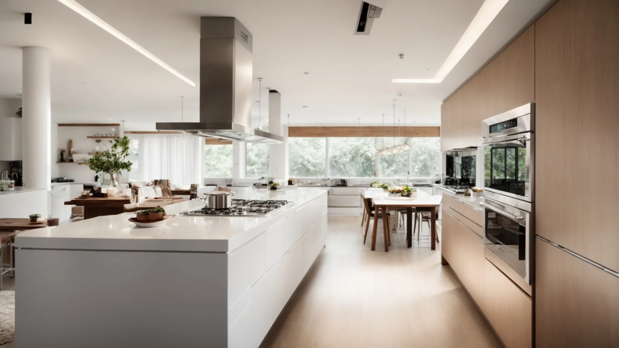 a spacious, naturally lit kitchen with sleek, modern lighting fixtures and a discreet, efficient ventilation system.