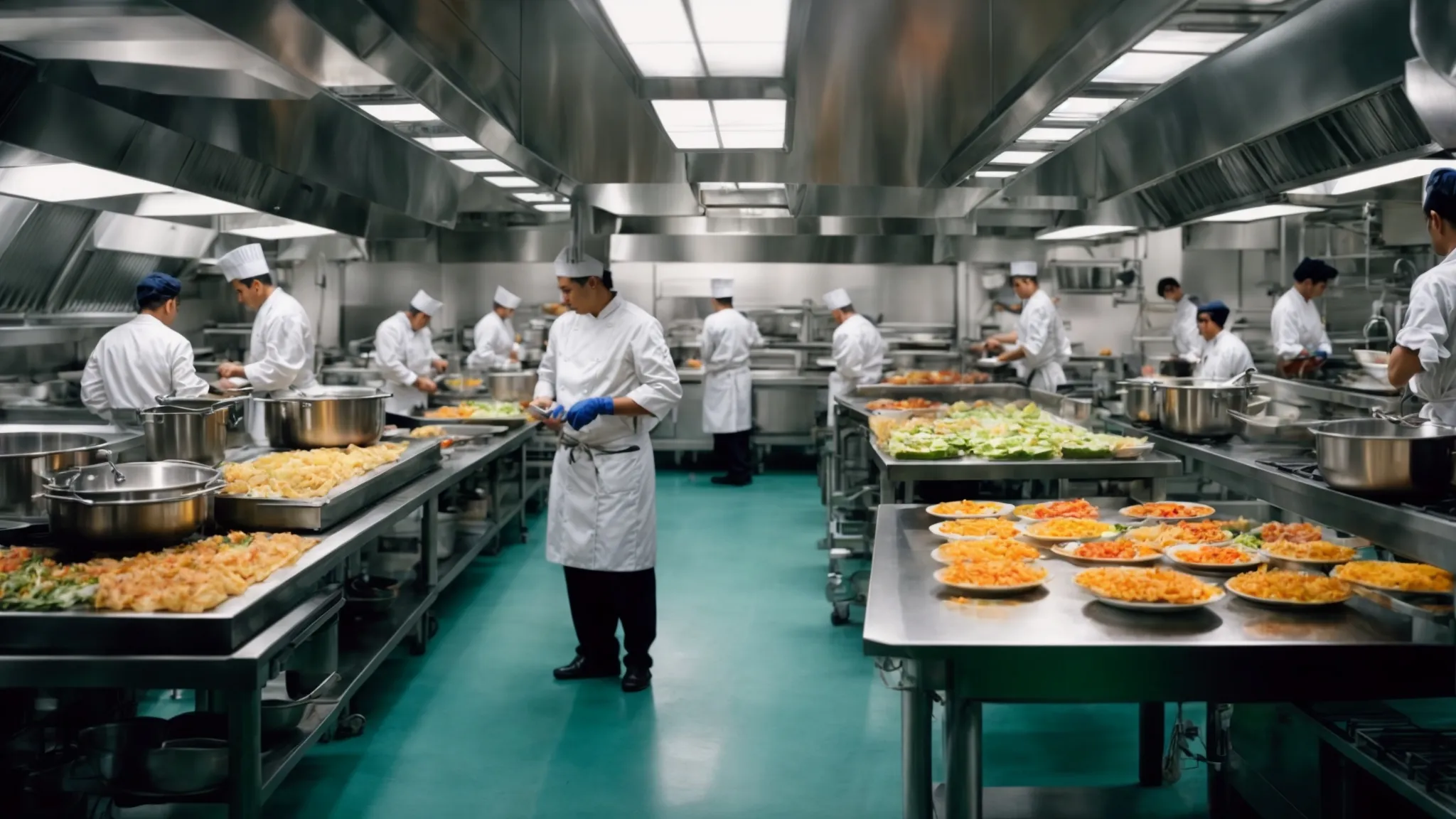 a bustling hospital kitchen with chefs meticulously preparing meals under bright lights, with color-coded cutting boards and several steaming pots on industrial stoves.