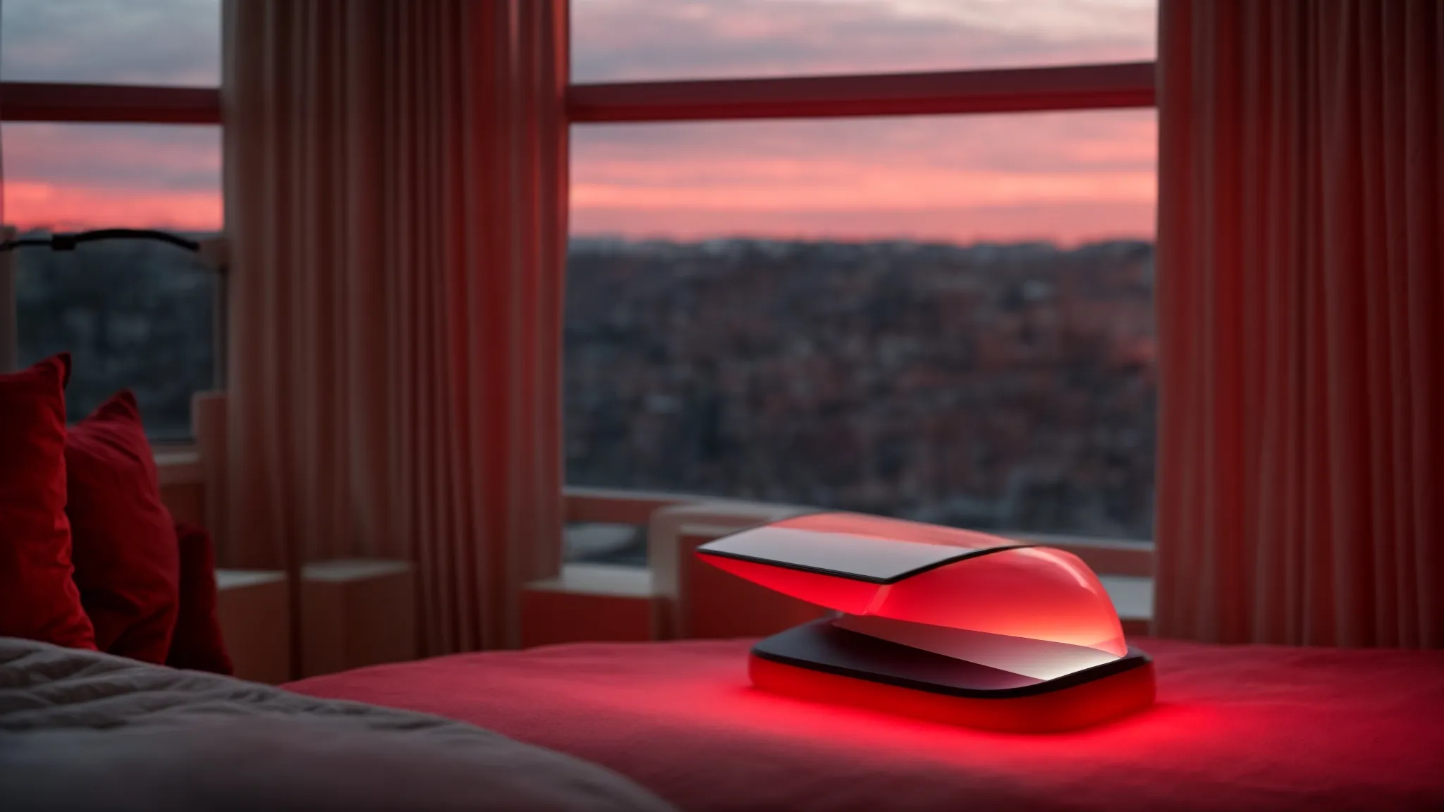 a serene room illuminated by the soft glow of a red light therapy device.