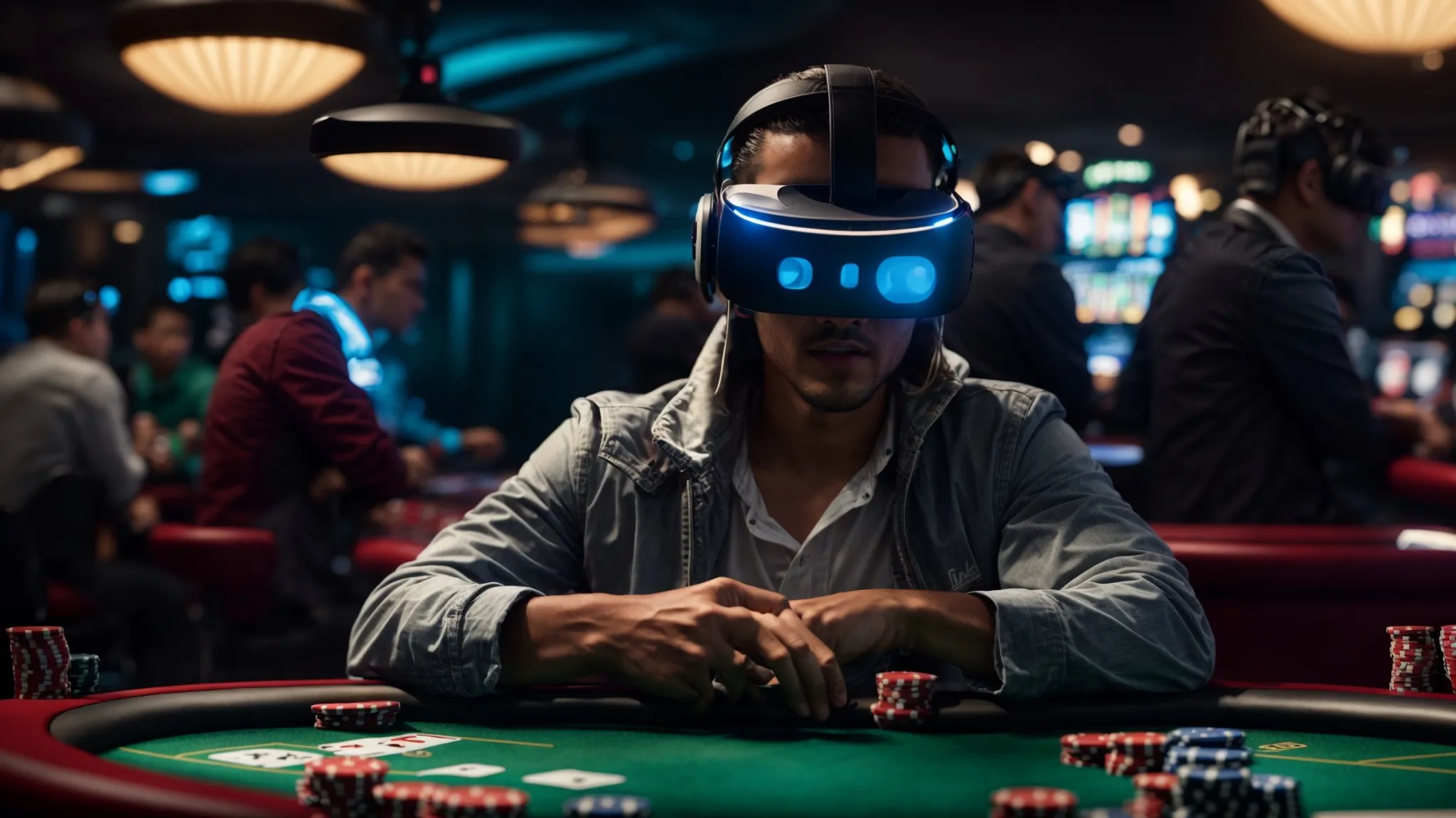 Ein Spieler, der mit einem VR-Headset ausgestattet ist, sitzt mit seinen Mitspielern an einem virtuellen Pokertisch und taucht in eine interaktive digitale Casinoumgebung ein.