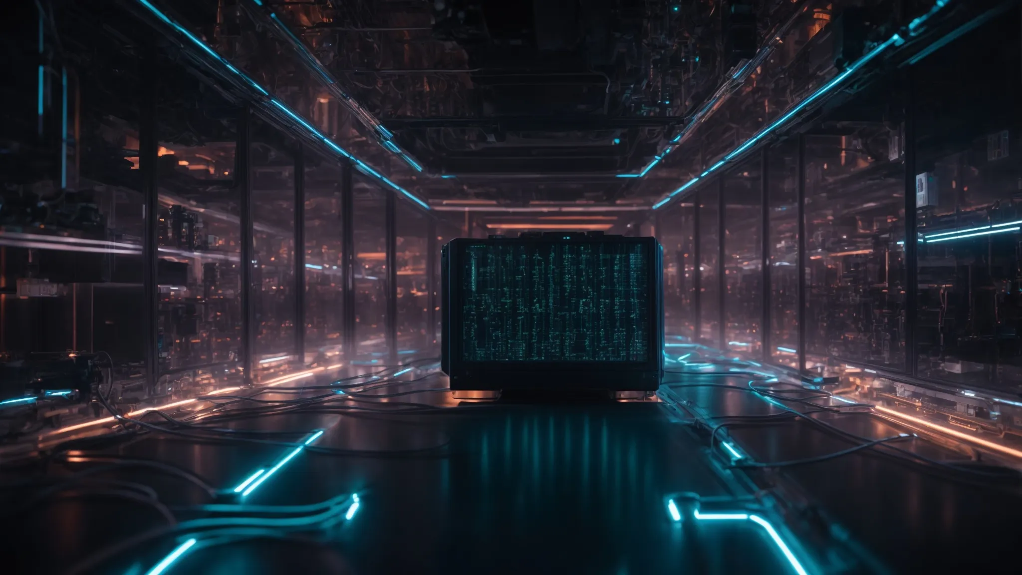 a vast network of futuristic, glowing quantum computers interconnected in a dimly lit high-tech laboratory.