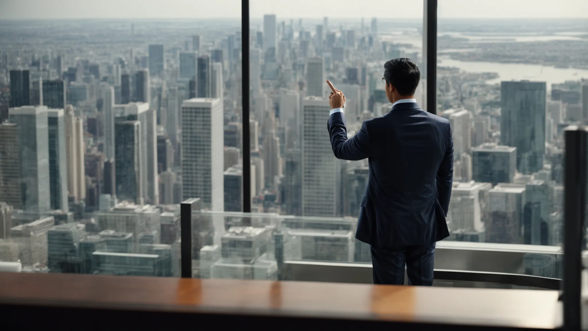 a financial consultant points at a high-rise skyline from a panoramic window, symbolizing investment opportunities.