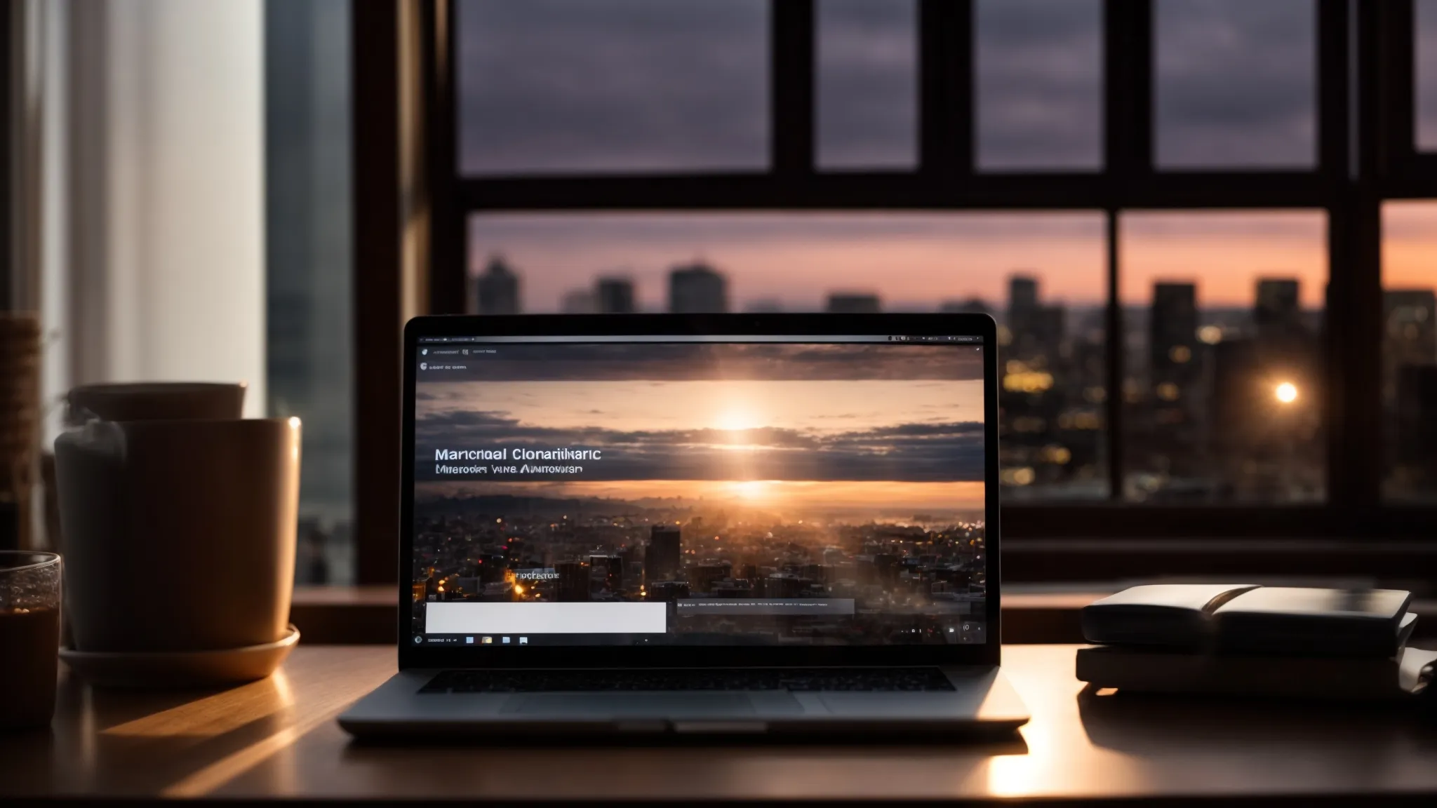 a laptop with marketing analytics displayed on the screen sits on a desk against the backdrop of dawn light streaming through a window.