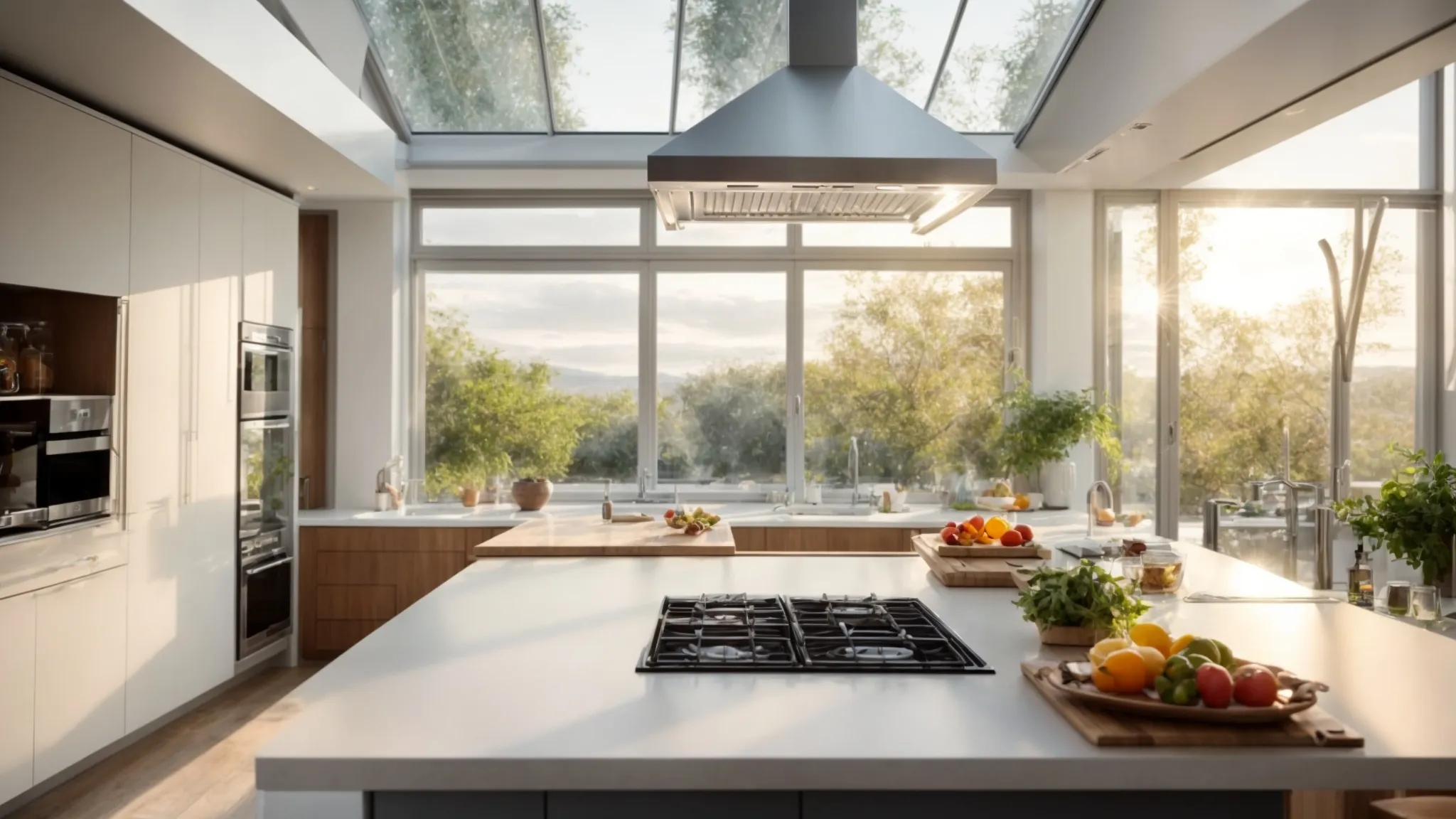 a modern kitchen with an overhead extractor hood above a cooking island, with sunlight streaming through large windows.