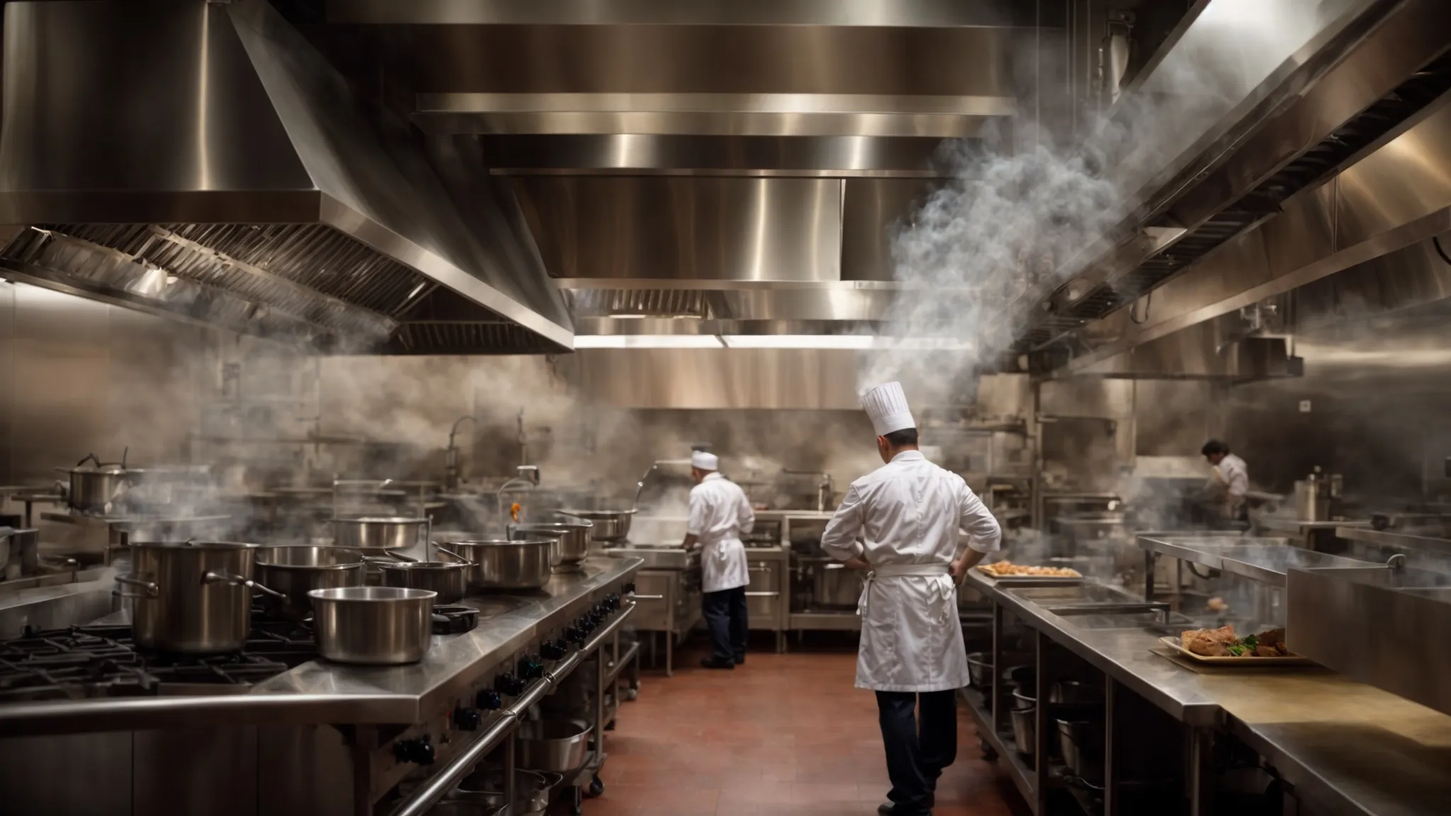 a chef stands in a bustling restaurant kitchen, overseeing staff as steam rises towards a large, metallic exhaust Toronto Hood Cleaning above.