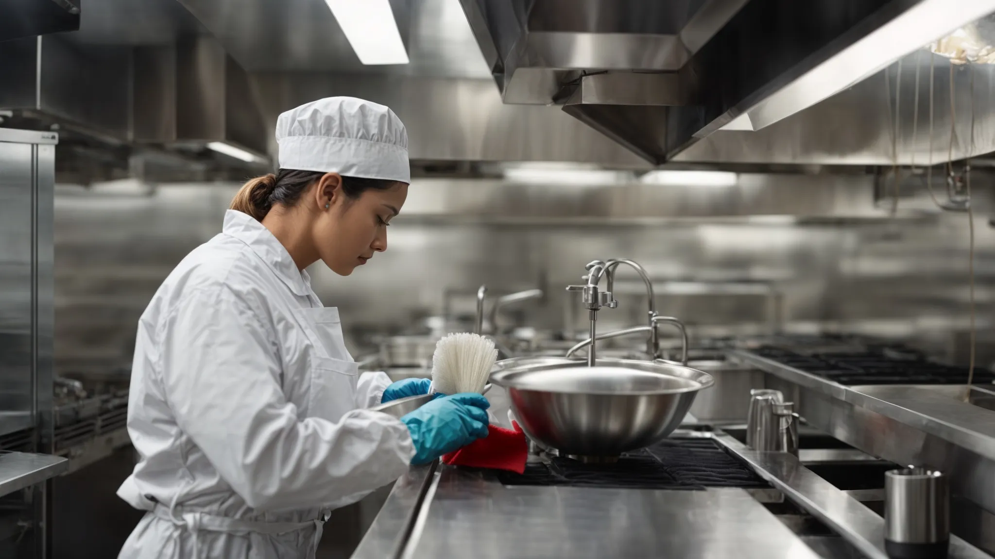 a professional cleaning technician is using high-pressure equipment to clean the interior of Toronto Hood Cleaning commercial kitchen hood.