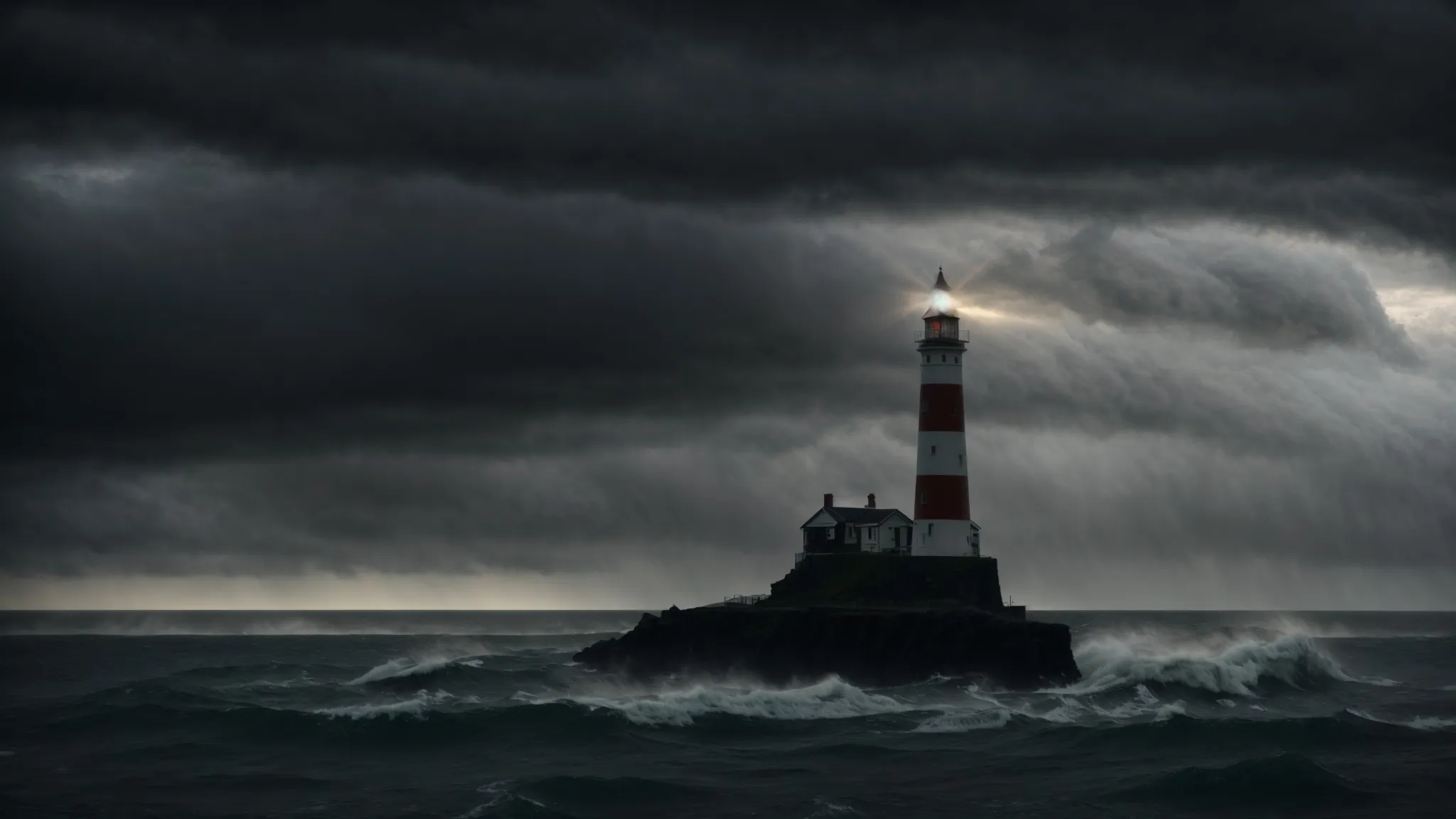 a lighthouse stands tall, casting a bright beam of light over a stormy sea under a dark, cloud-filled sky.