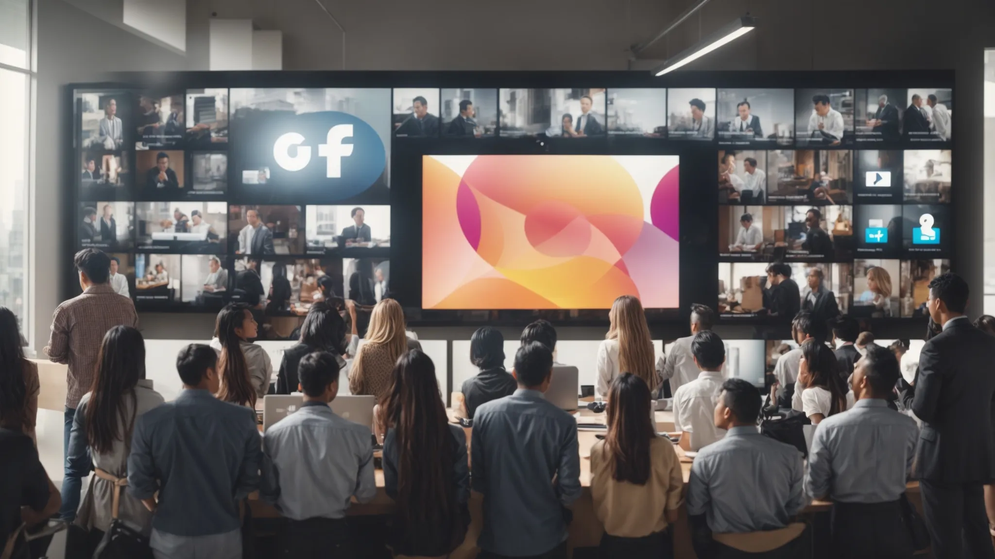 a diverse group of people gathered around a large digital screen displaying various social media icons in a bright, modern office environment.