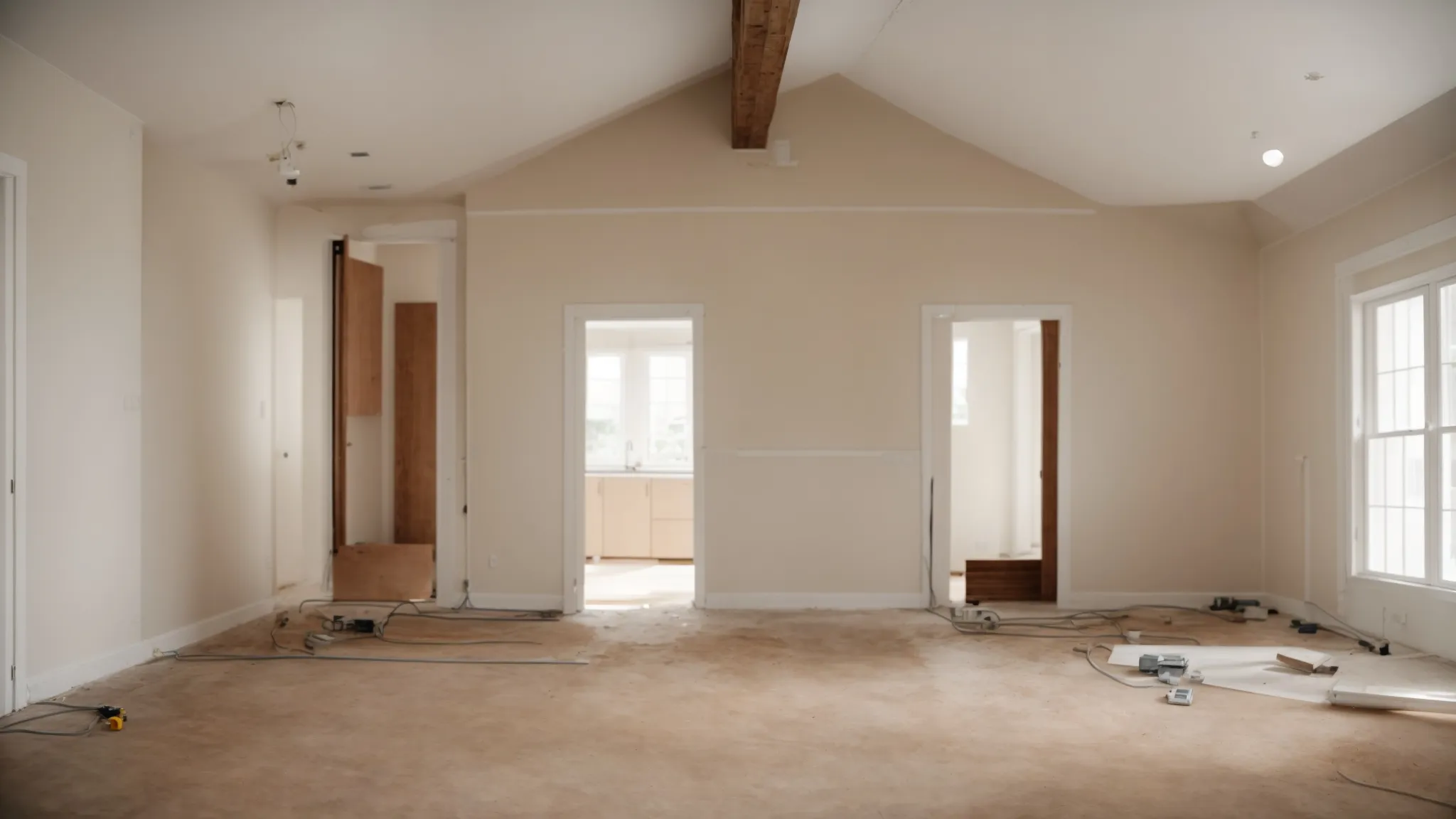 a spacious kitchen under renovation, showcasing bare walls ready for wiring and pipes, with flooring and cabinet installations underway.