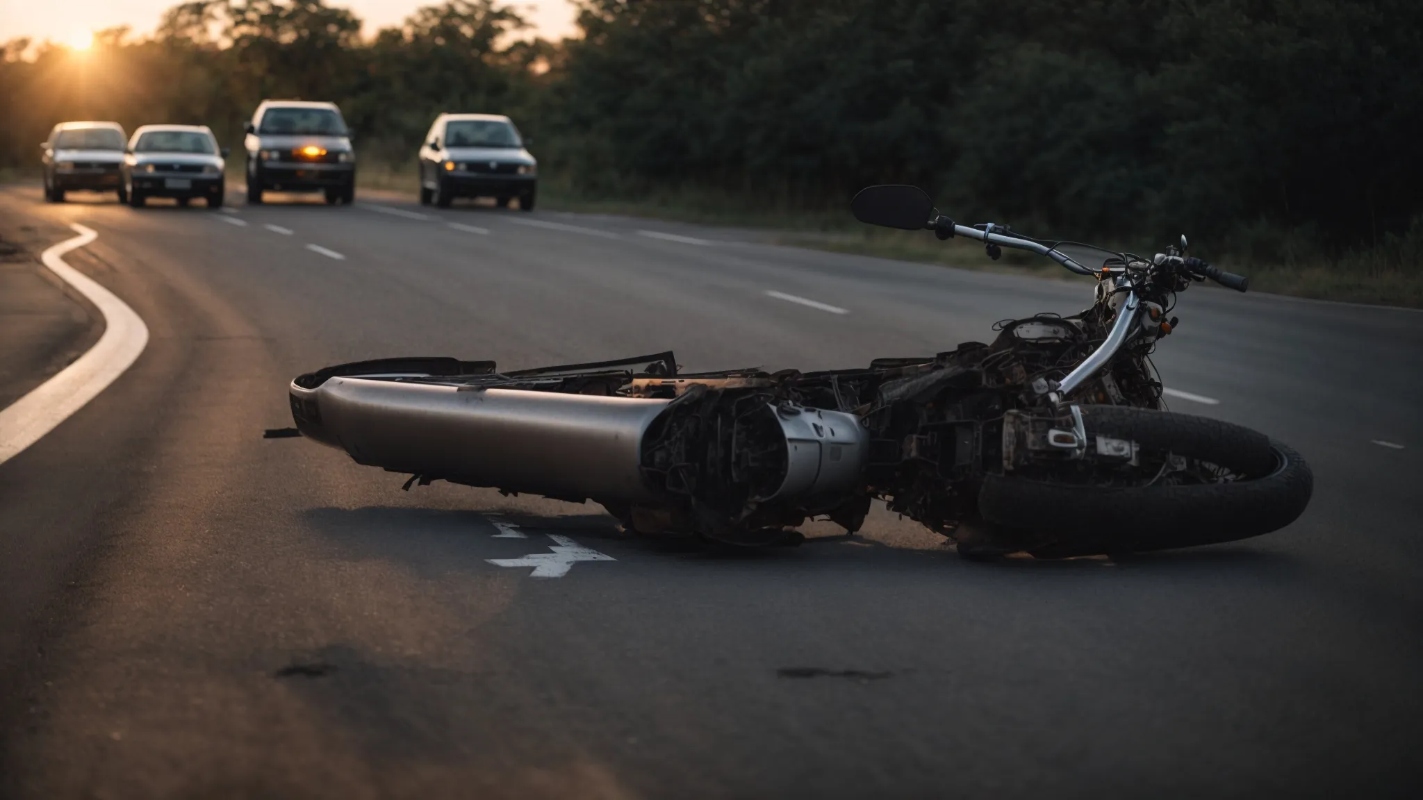 a wrecked motorcycle lies on its side near a crossroads with skid marks behind it, in the fading light of dusk.