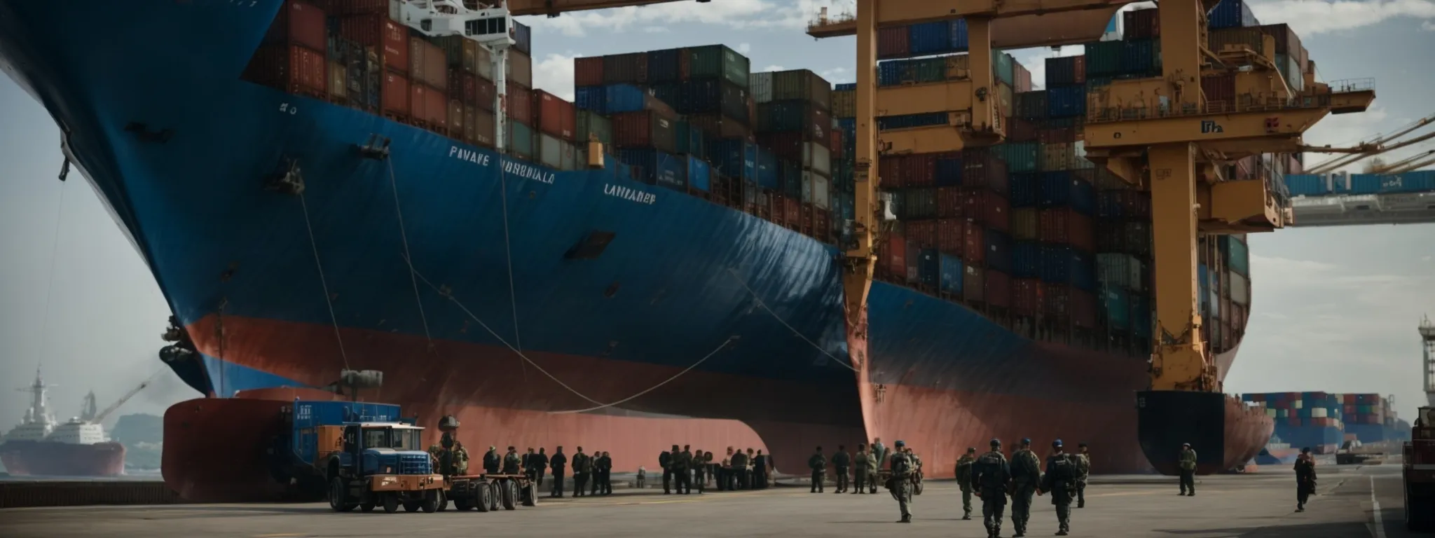 two professionals shaking hands in front of a large cargo ship loaded with containers at a bustling port, symbolizing a concluded agreement.
