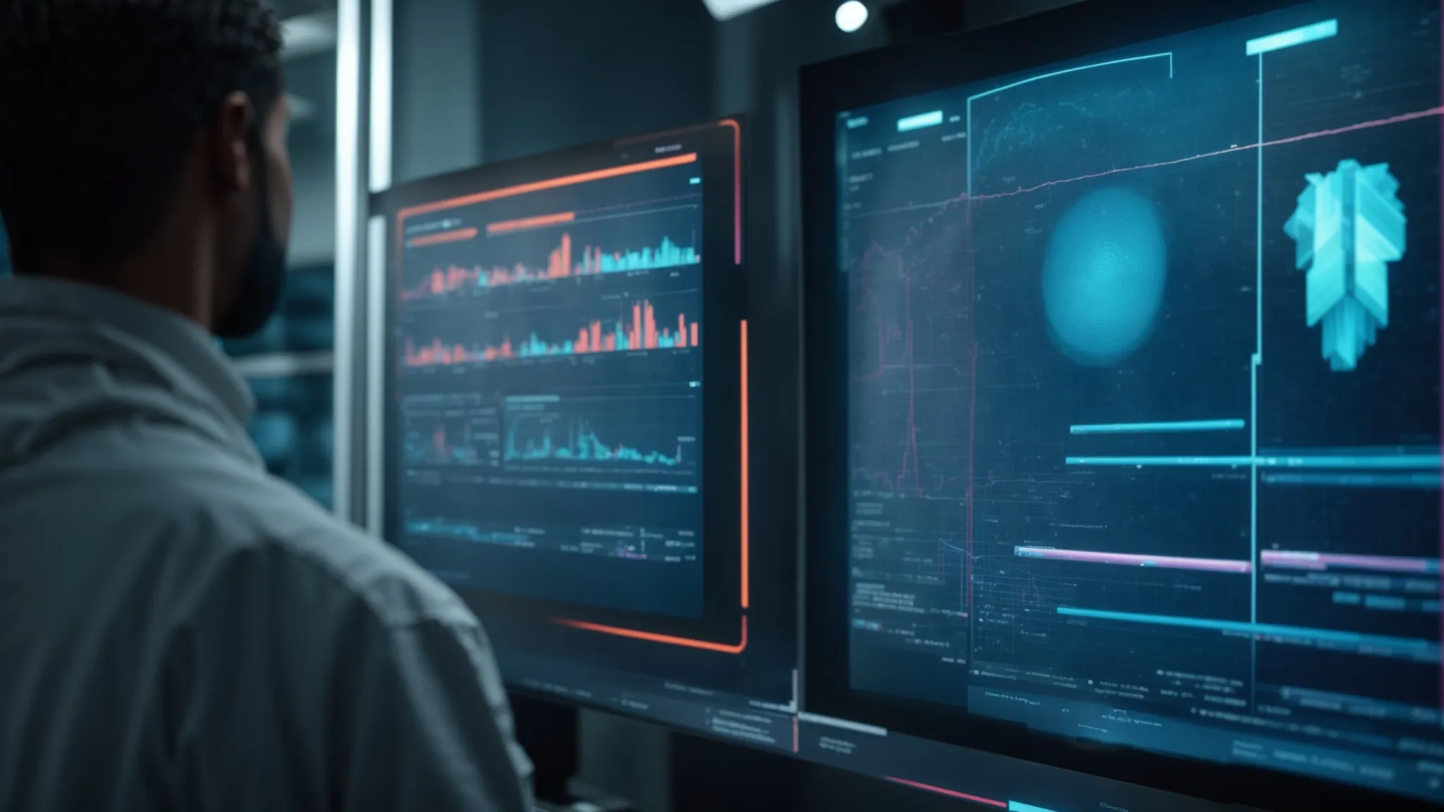 a futuristic doctor interacts with a holographic display of health analytics and patient data.