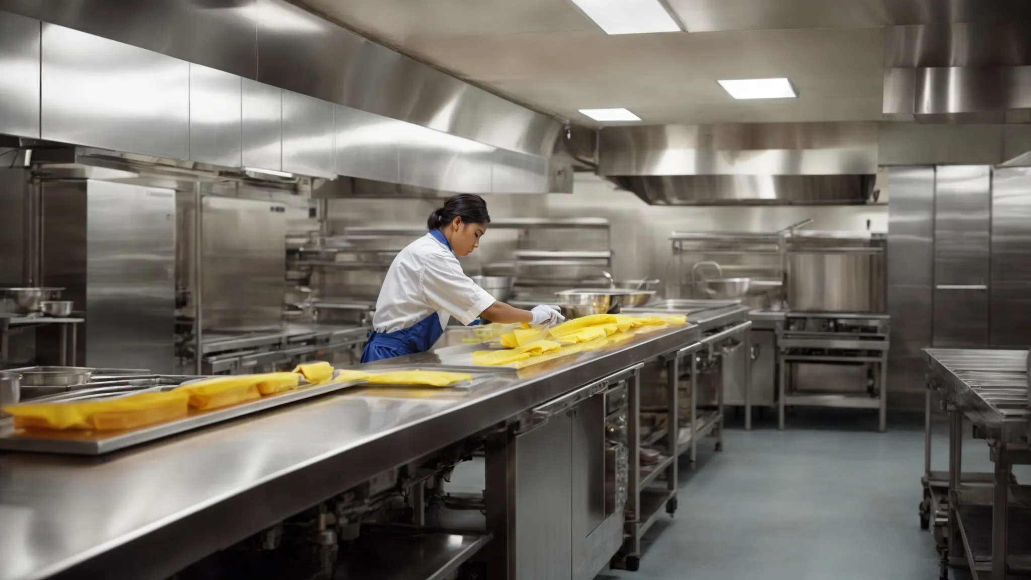 a professional wearing a reflective vest inspects a commercial kitchen, verifying equipment and cleanliness.