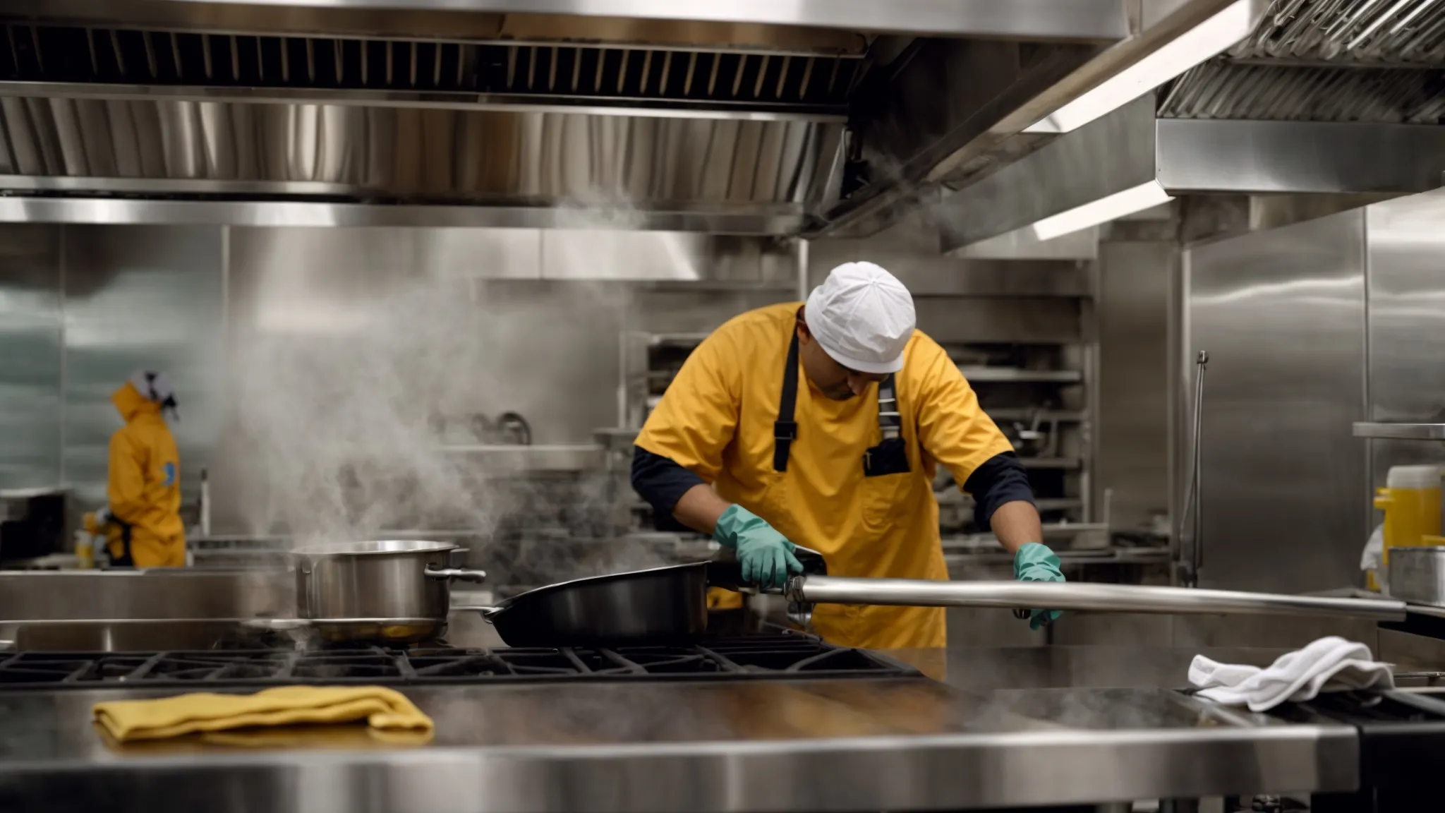 a professional cleaning crew diligently scrubs and vacuums the hood and exhaust system above a commercial kitchen stove, targeting not only grease but dust and carbon deposits as well.