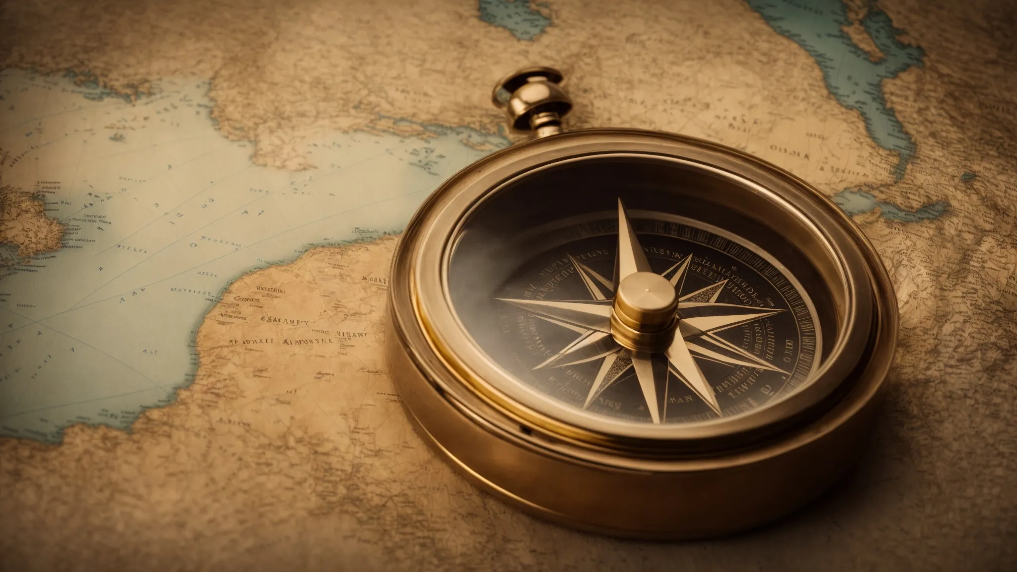 a compass lying atop a vintage map, surrounded by the open sea and distant lands, symbolizing navigation and exploration.