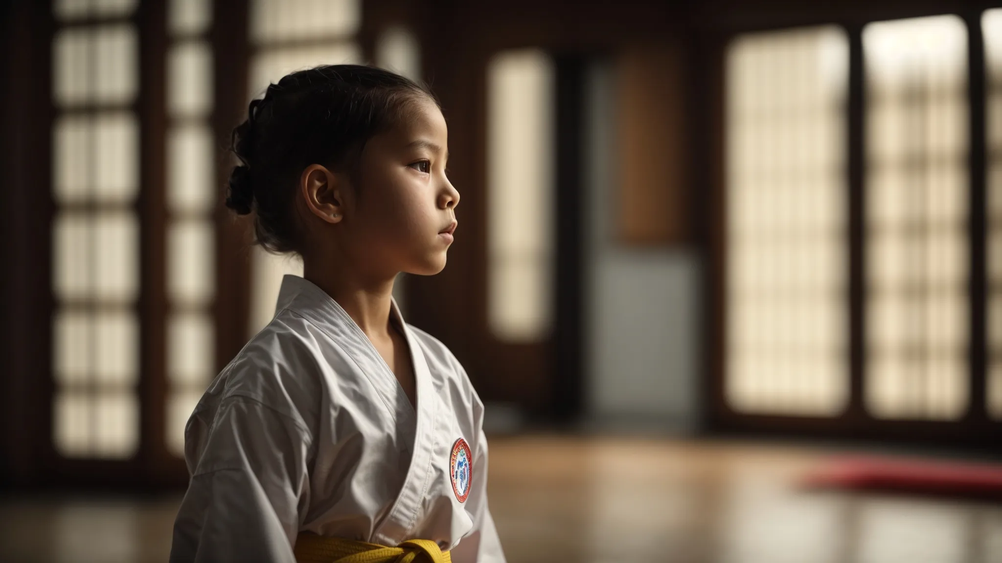 a child in a martial arts uniform strikes a focused pose, embodying calm and discipline within the dojo's tranquil environment.