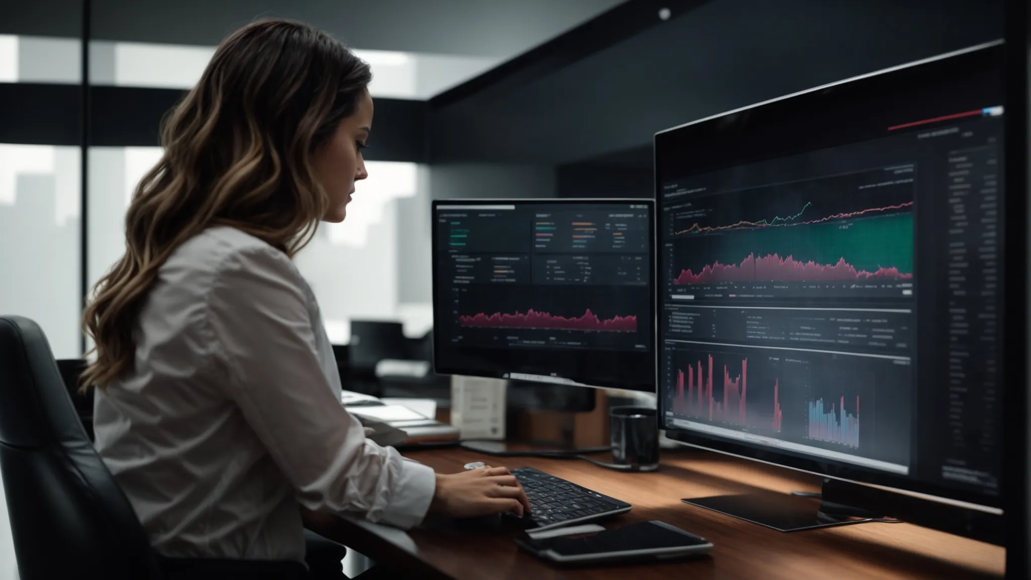 a top executive reviews a visual analytics dashboard on a sleek, modern computer in a luxurious office.