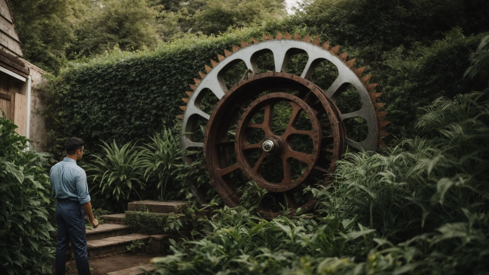 a person is adjusting a giant cogwheel amidst a lush garden, symbolizing the fine-tuning of marketing strategies.