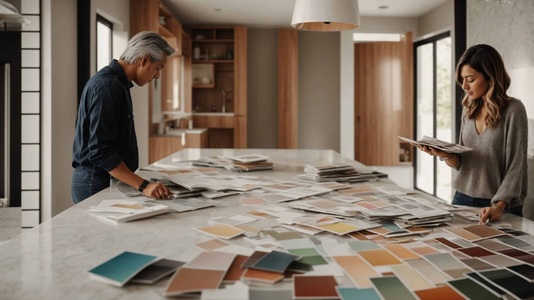 a homeowner and a professional designer stand together, examining tile samples and color swatches spread out on a table, surrounded by a partially renovated bathroom.