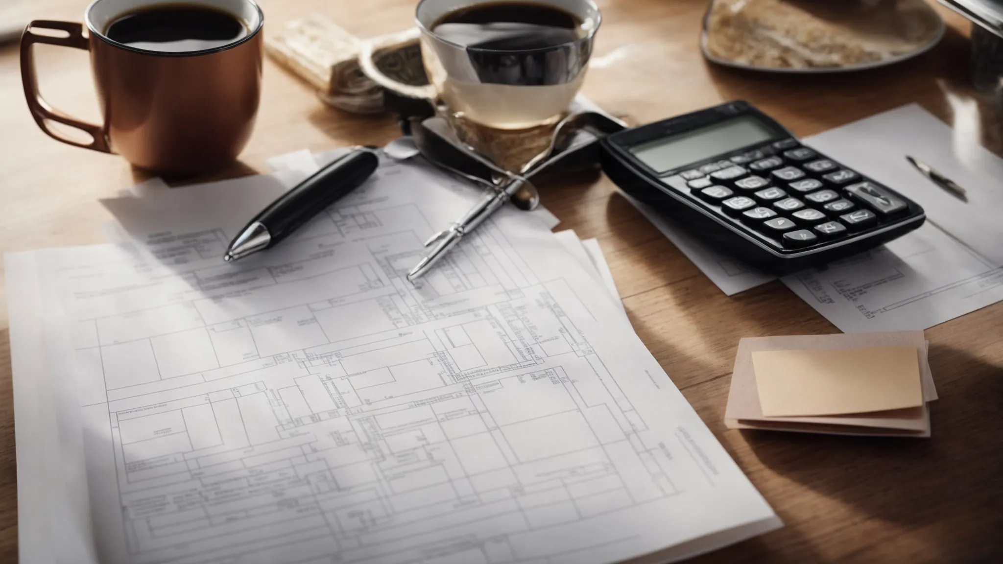 a blueprint spread out on a wooden table with a calculator, glasses, and a cup of coffee nearby, symbolizing the planning phase of a kitchen renovation.