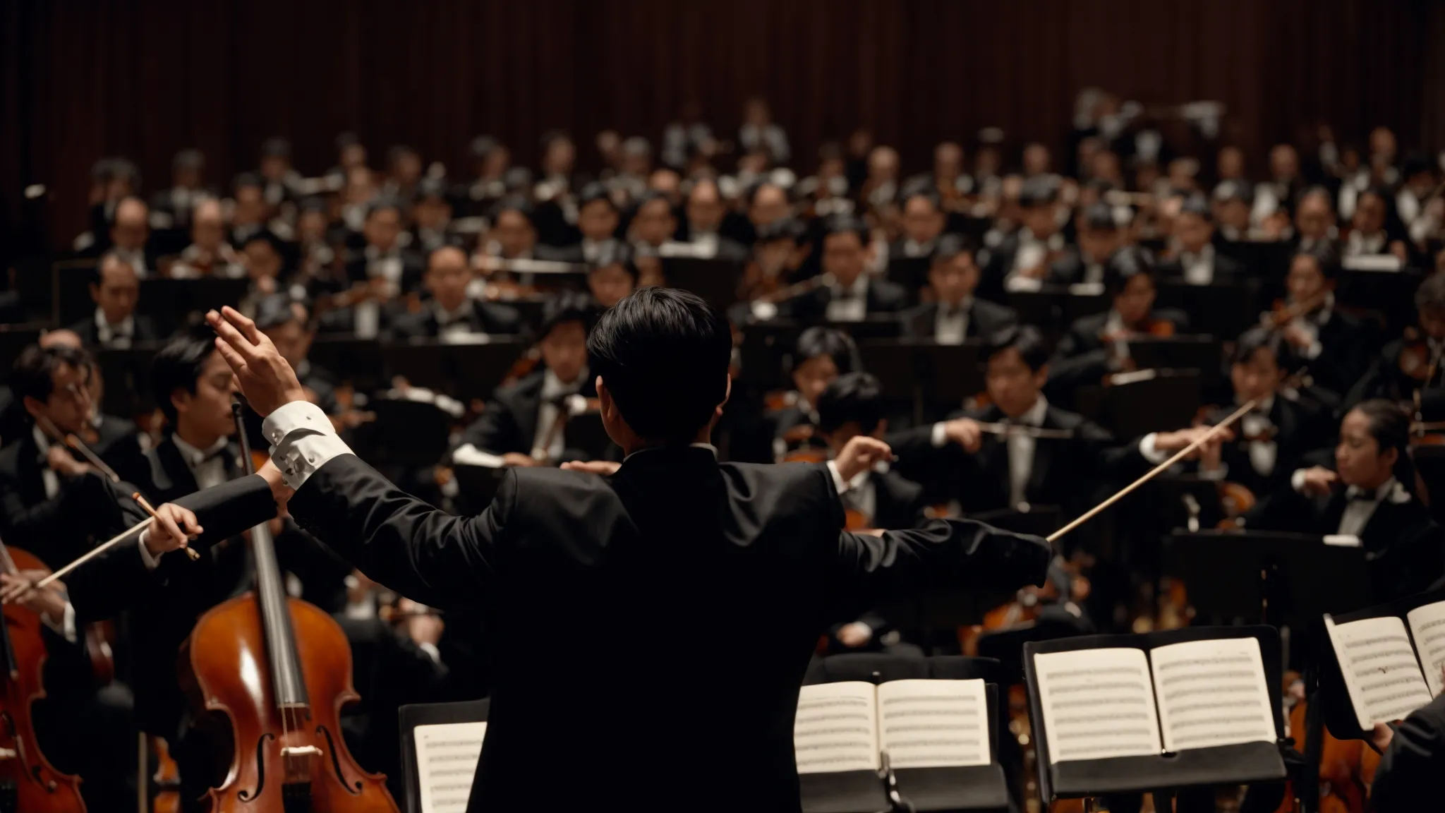 a conductor meticulously leading an orchestra, capturing the essence of timing and rhythm.