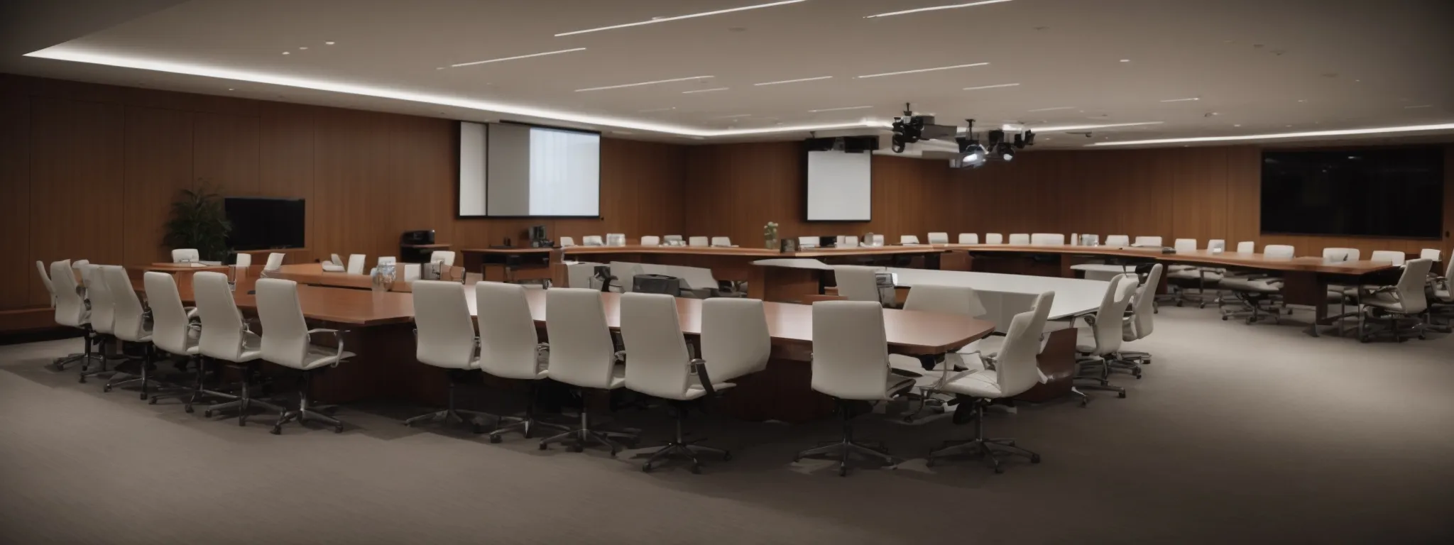 a sleek, modern conference room with a long table equipped with microphones, indicating preparations for a private deliberation session.