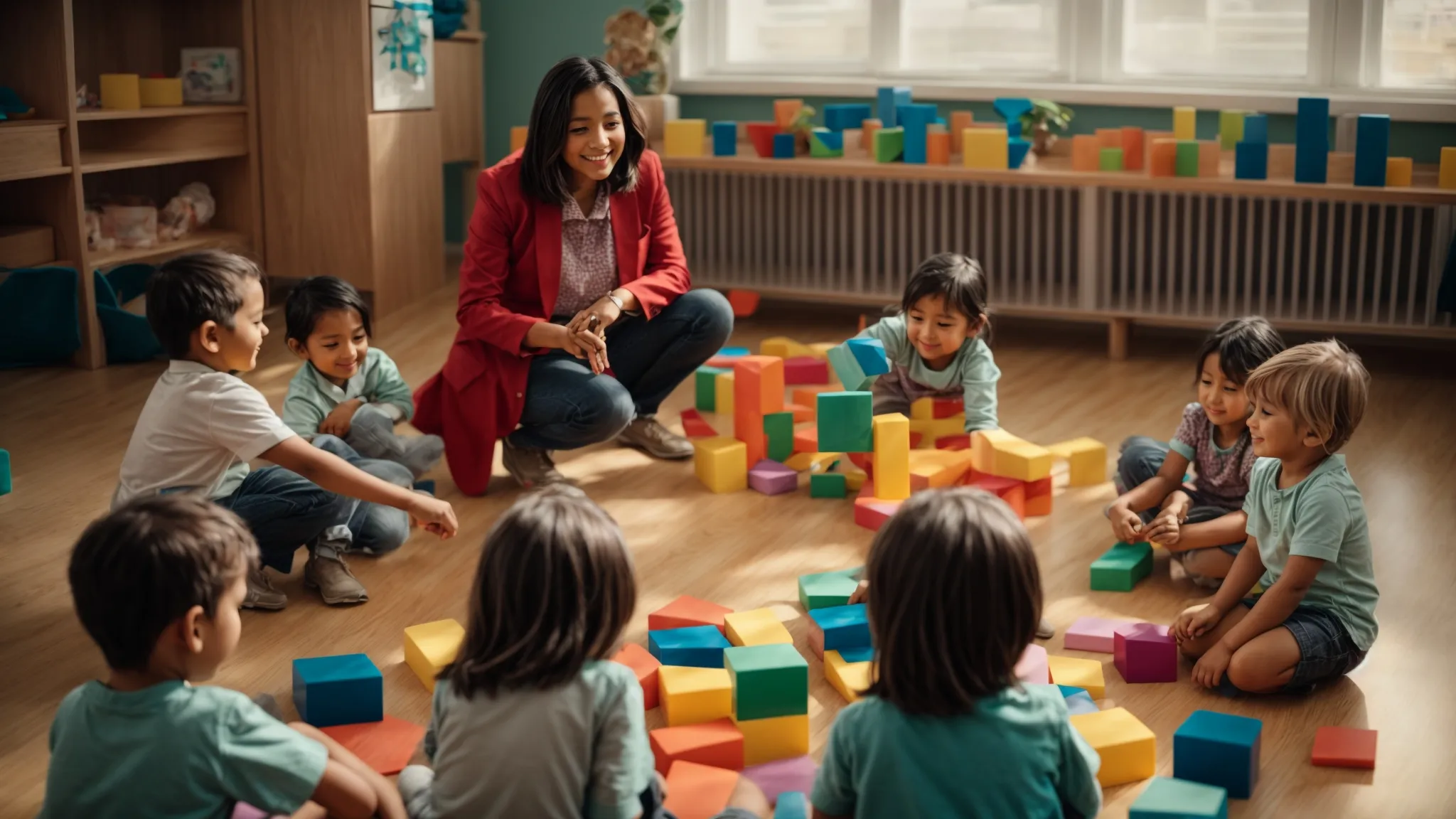 a kindergarten teacher sits in a circle with children as they excitedly reach for colorful blocks to build new shapes together.