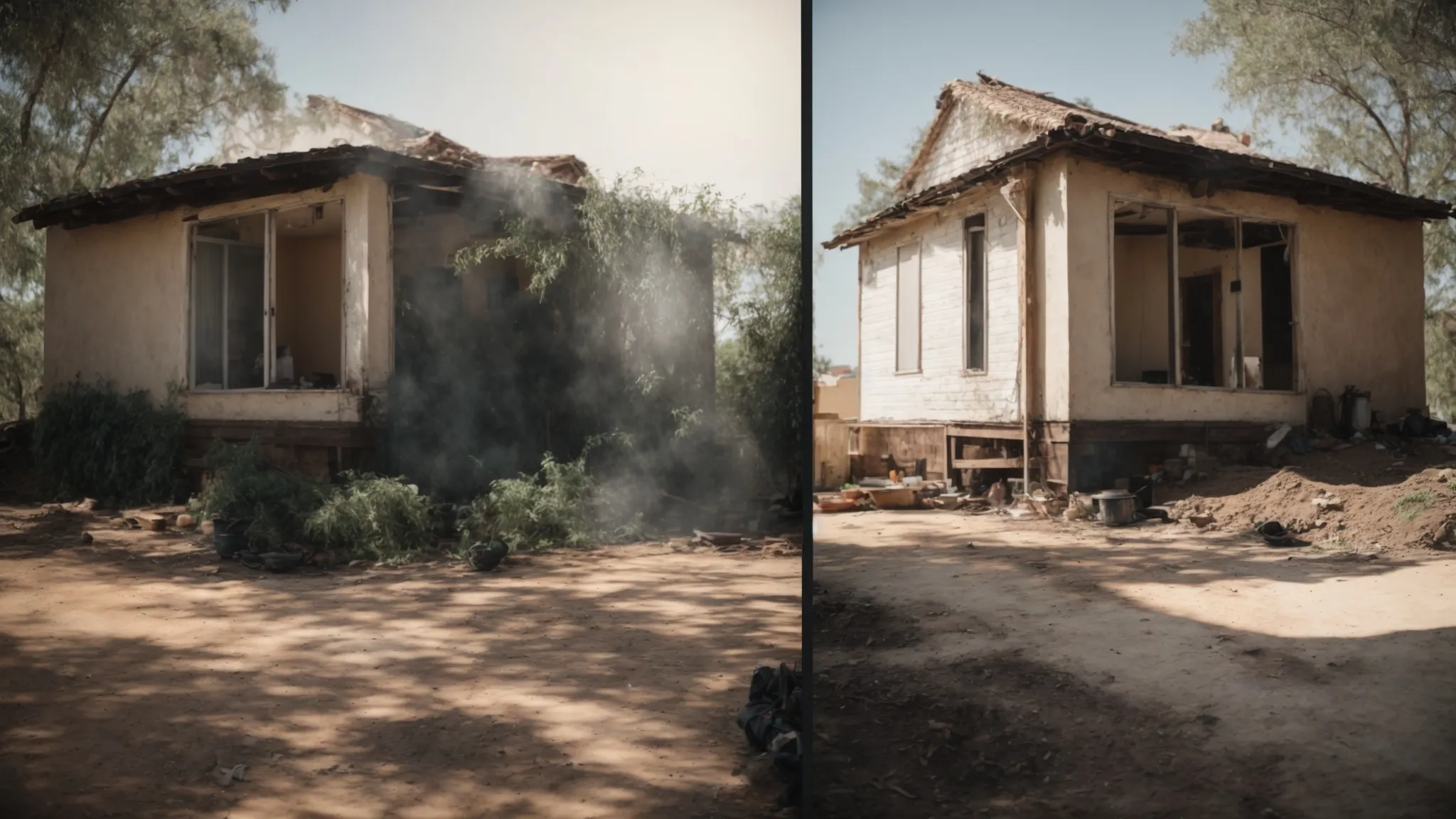 a before and after view of a house, one side covered in dirt and mold, and the other side gleaming under the sunlight, with a professional cleaning team working in the background.
