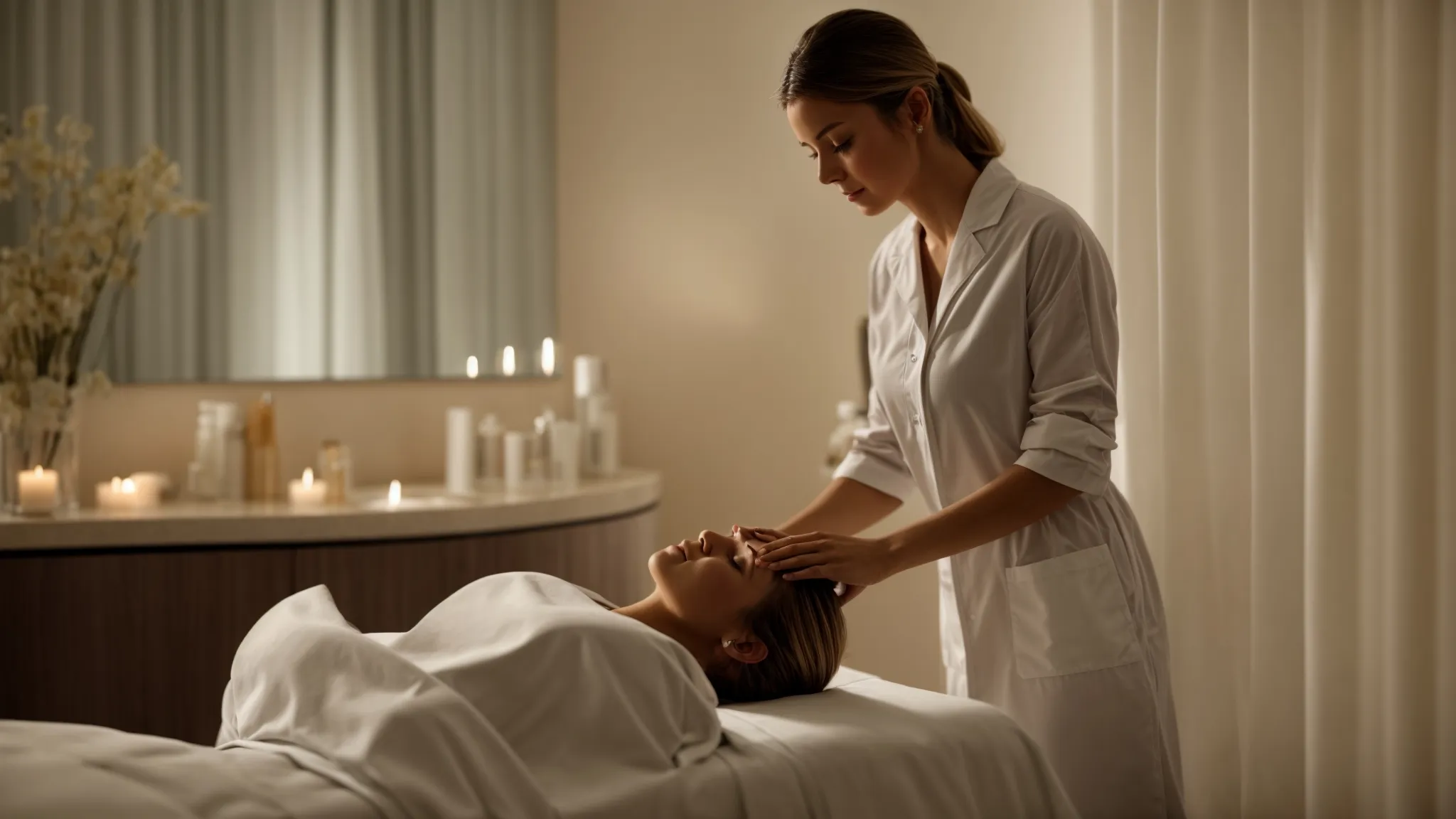 a serene med spa room with a soothing ambiance, where a skincare professional gently applies treatment to a relaxed client's face.