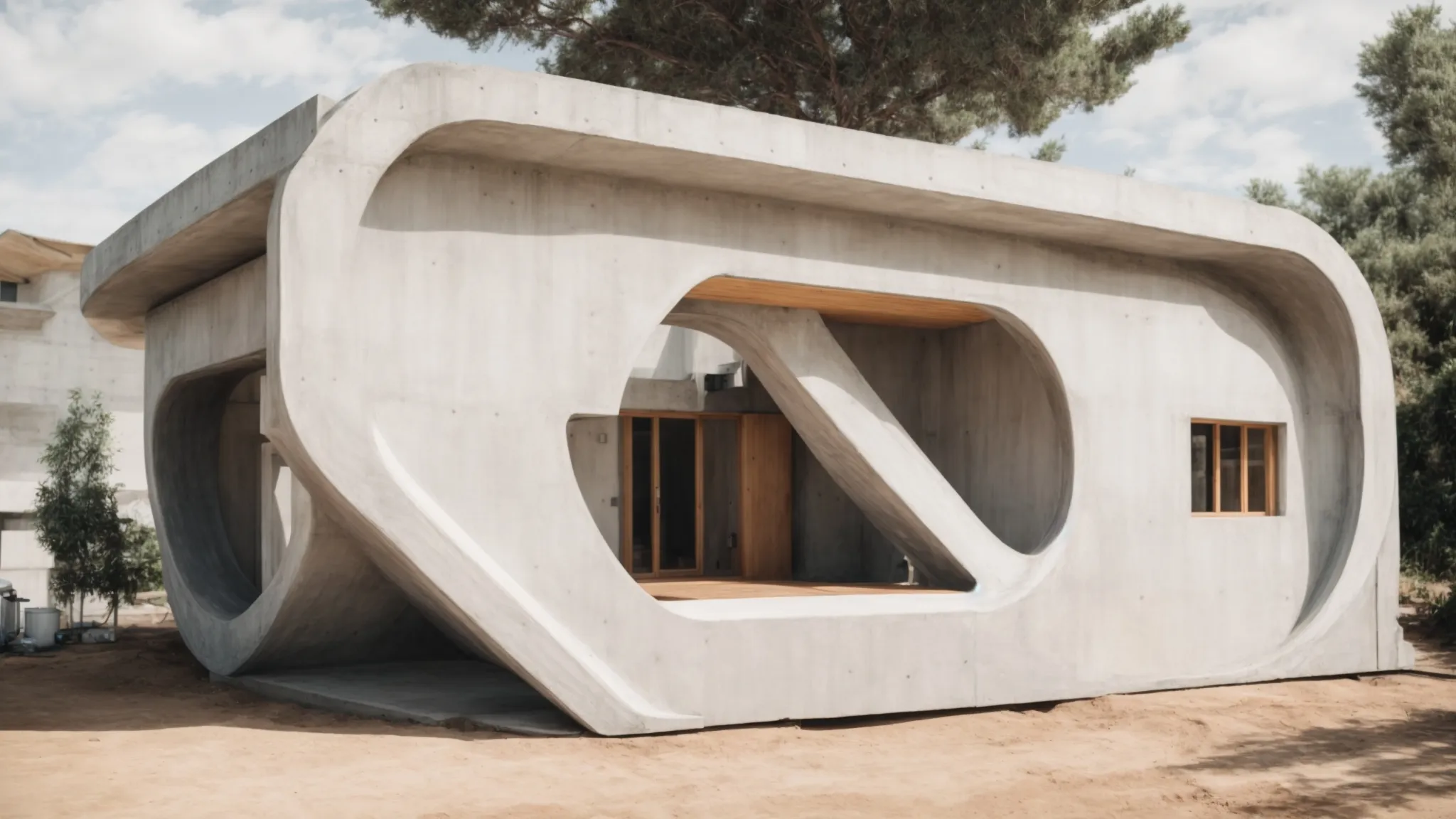 a large 3d printer dispensing layers of concrete to build a uniquely shaped house under a clear sky.