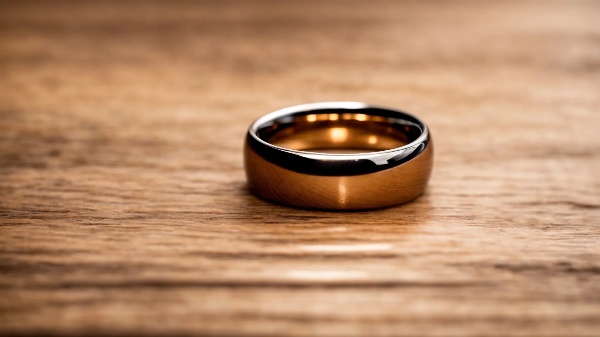 a tungsten ring elegantly placed on a polished wooden surface, reflecting the light with its sleek design.