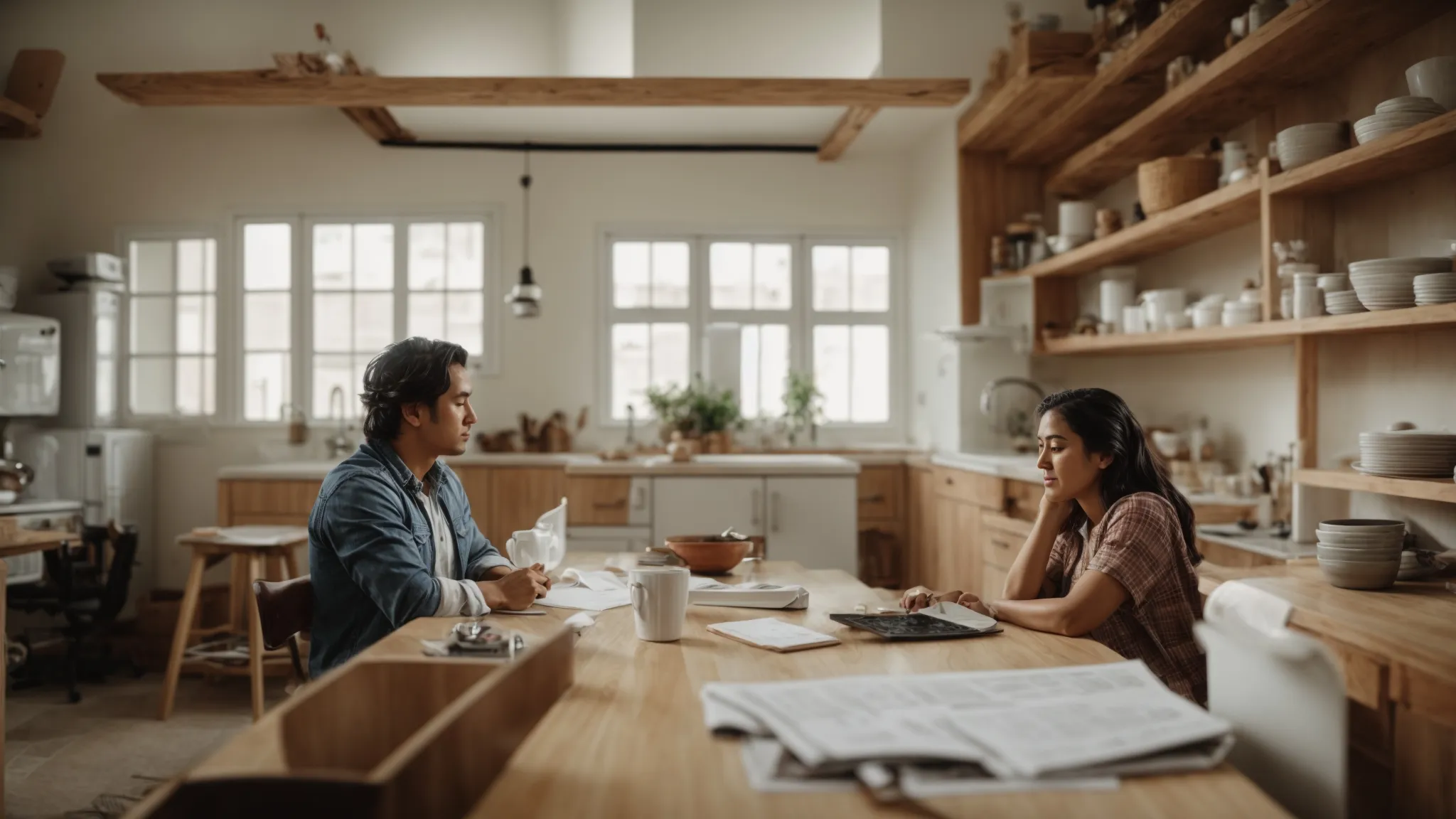 a couple is sitting at a kitchen table, surrounded by renovation plans and a calculator, deeply engrossed in discussion.