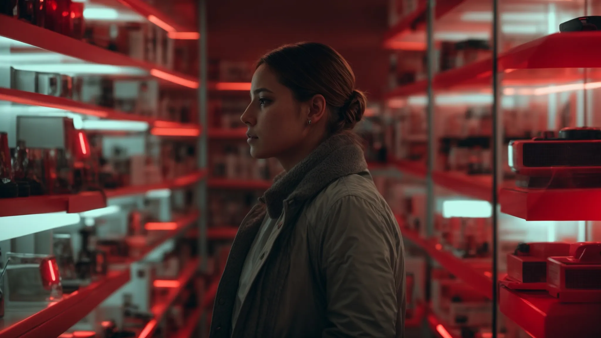 a person stands thoughtfully in front of an array of red light therapy devices displayed on shelves, pondering their options.