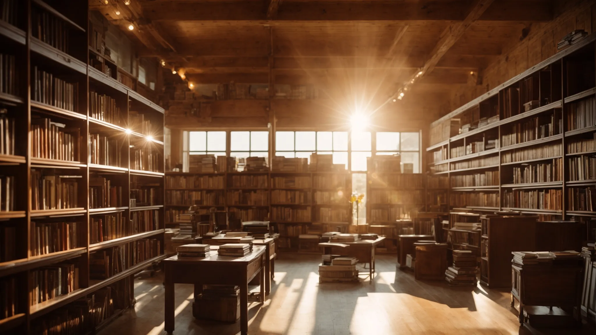 a vast library with sunlight streaming through expansive windows, illuminating an open laptop on a vintage wooden table surrounded by piles of books.