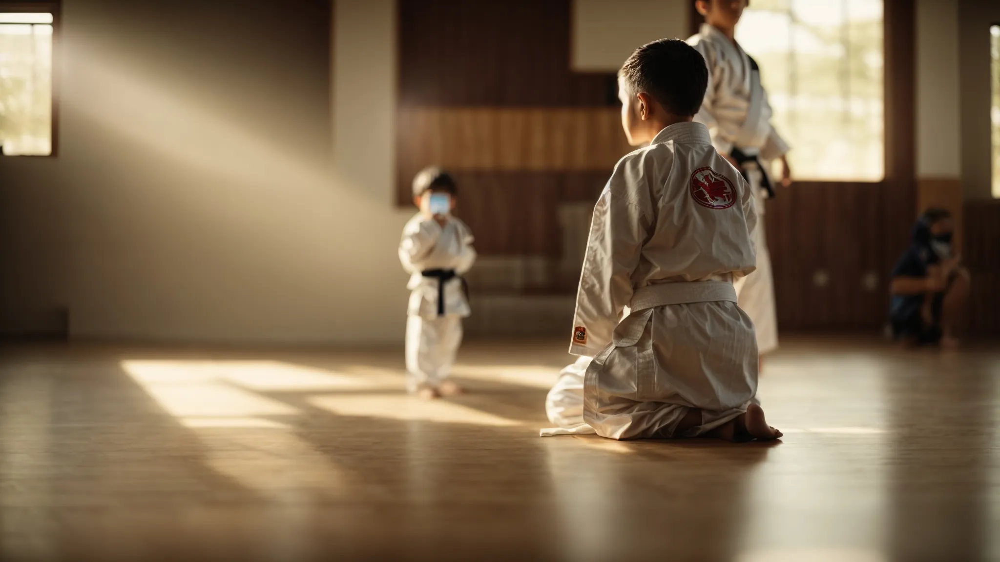 a child in a white gi stands calmly before a martial arts instructor, bowing deeply in a sunlit dojo.