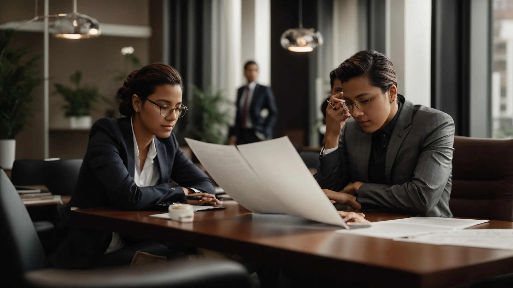 two businesspeople sit at a table, examining documents and pointing at a laptop screen, surrounded by a serene office ambiance.