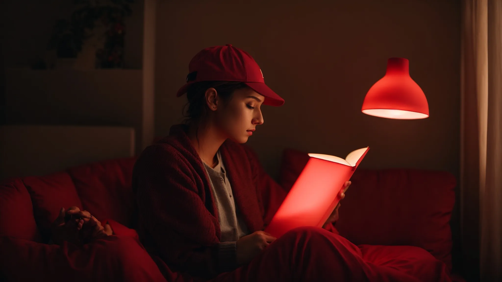 a person sits comfortably on their couch, reading a book under a warm light, wearing a red light therapy cap.