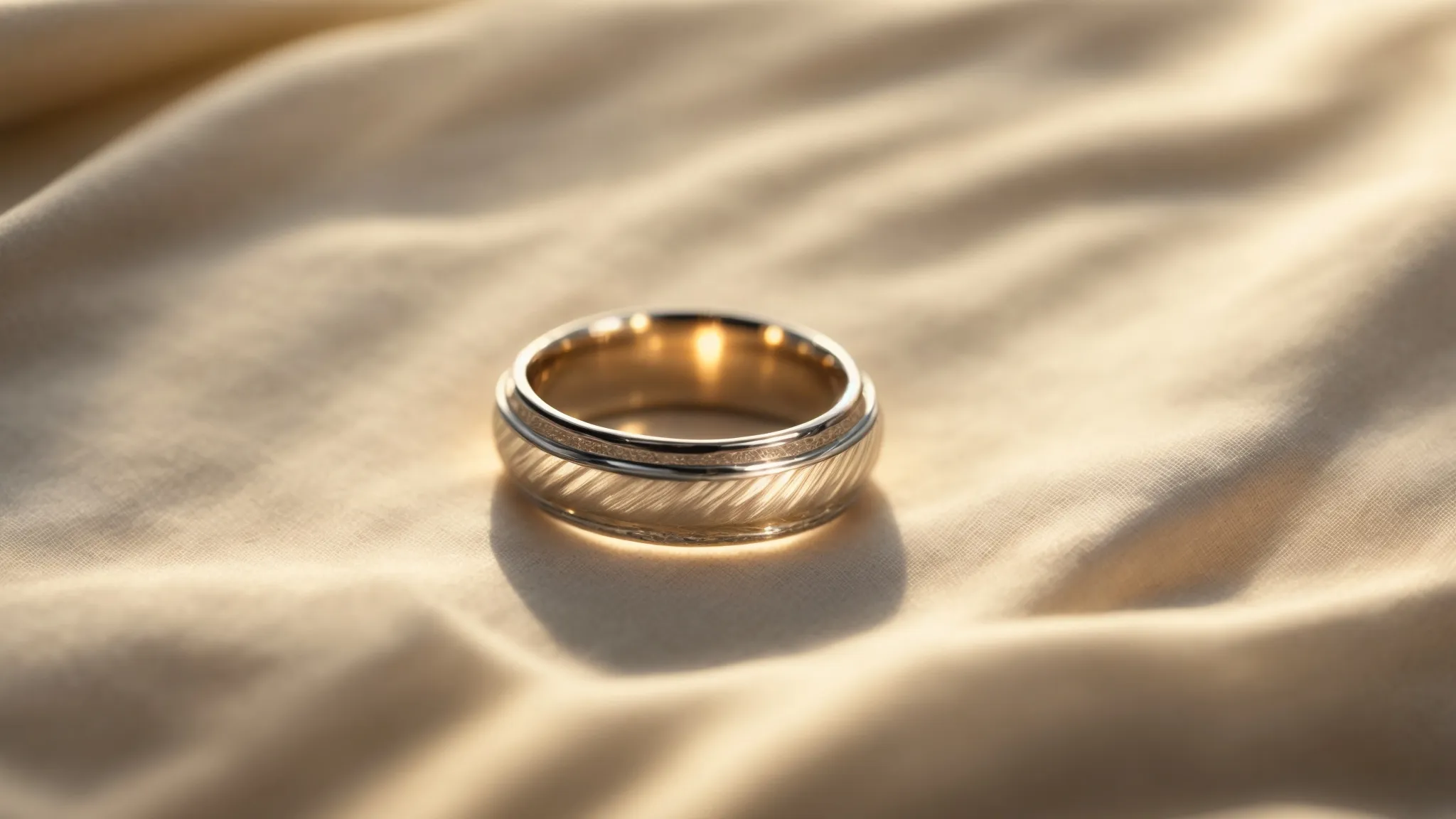 a platinum ring resting gently on a soft cloth, with faint scratches visible under the warm glow of soft lighting.