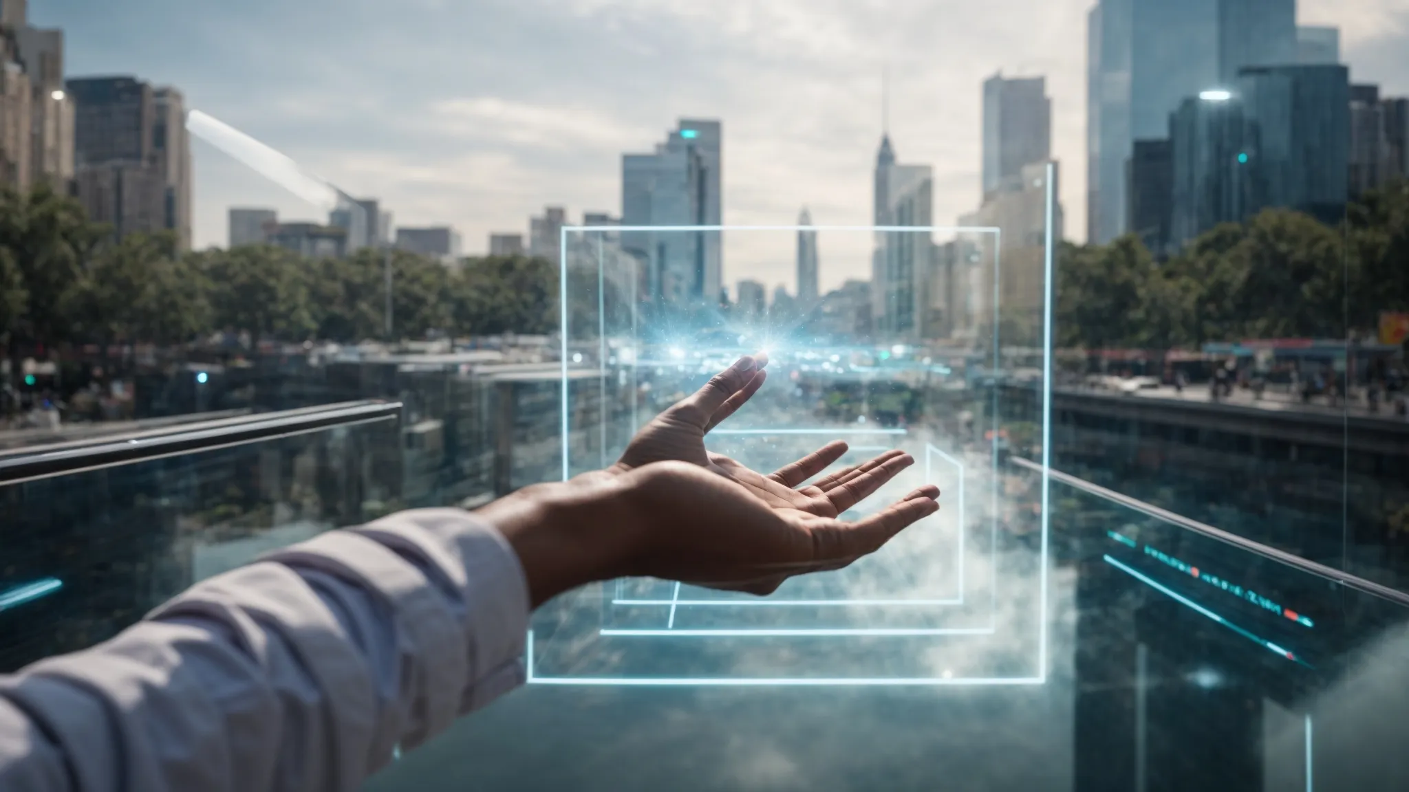 a person reaching out to touch a holographic advertisement floating in the air, blending cityscape and digital imagery seamlessly.