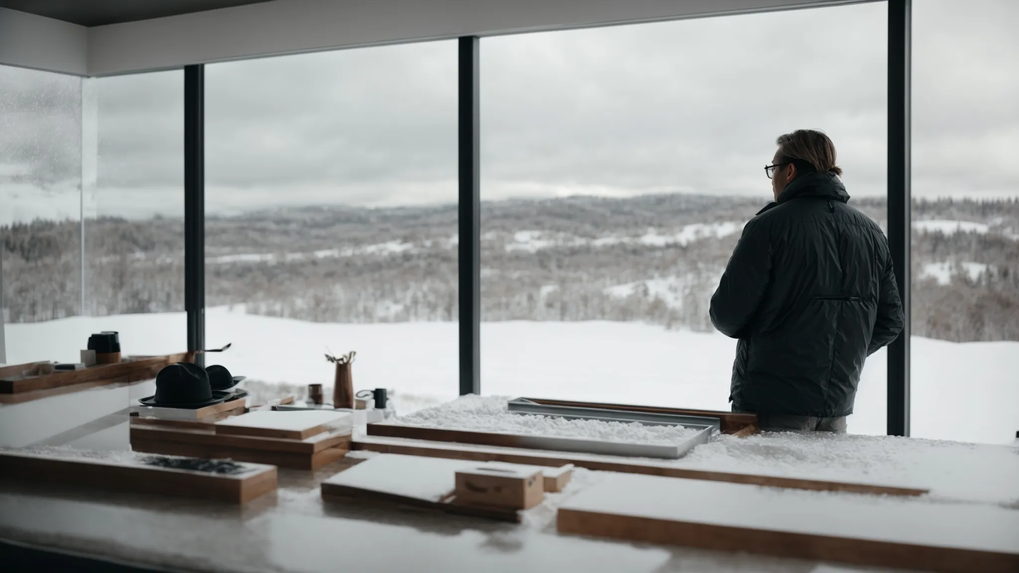 an architect examines sample materials next to large windows overlooking a snowy landscape.