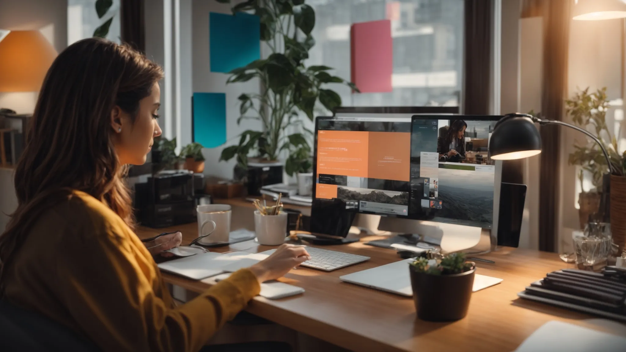 a professional at a sleek, modern desk crafts an engaging email on a computer, surrounded by vibrant marketing illustrations.