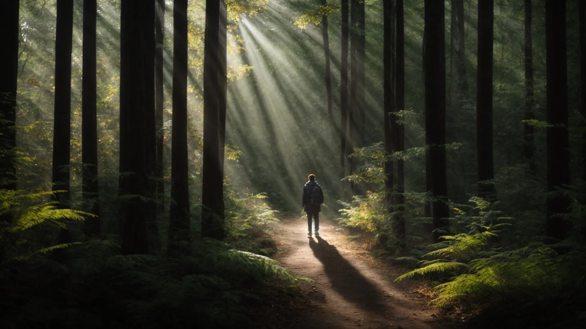 a person standing at the crossroads of a dense forest, gazing towards several diverging paths illuminated by beams of light filtering through the canopy.