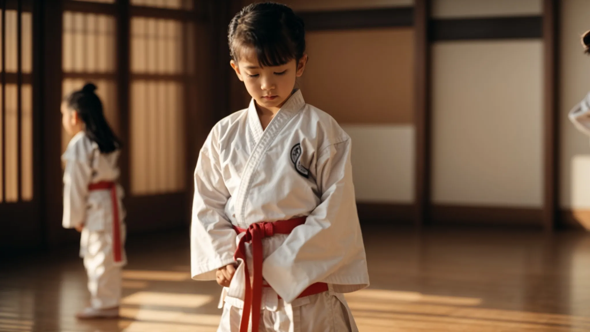 a child in a white karate uniform bows respectfully to their instructor in a sunlit dojo, embodying the beginning of their journey in martial arts discipline.